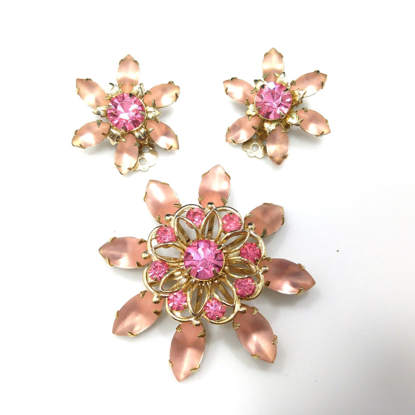 Mid-Century Pink Flower Brooch & Earrings, Frosty Light Pink Cabs, Hot Pink Rhinestones, 1950s Vintage Jewelry