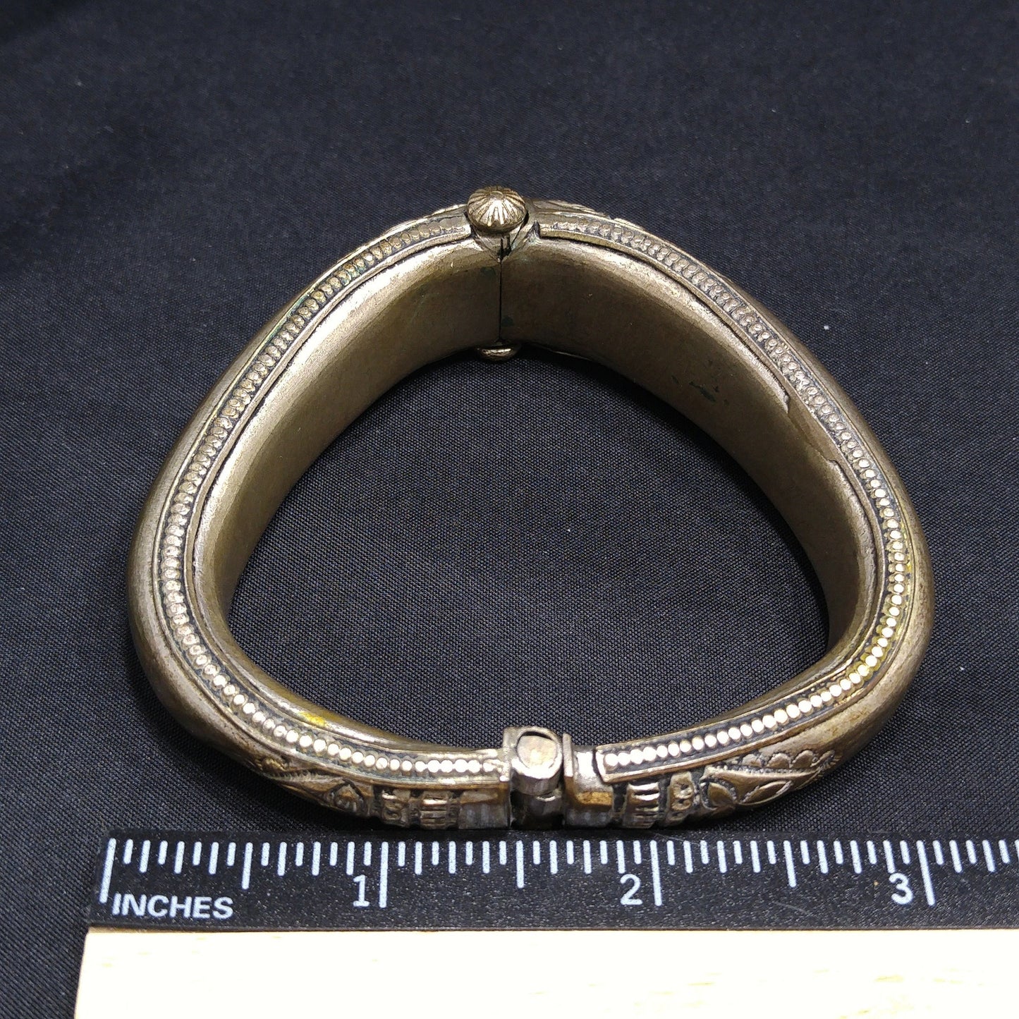 Tribal Embossed Hinged Bracelet, Plunger or Pin Clasp, Gold Wash, 1940s Vintage Jewelry