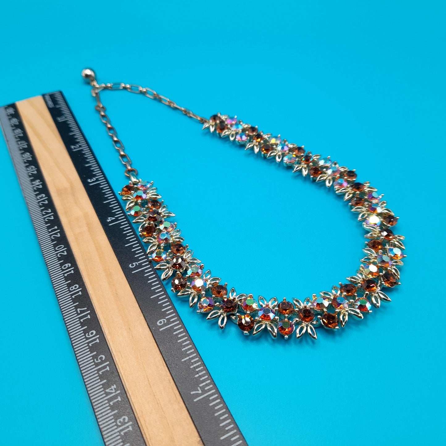 Vintage Topaz Aurora Borealis Choker Necklace, Gold Tone, 1960s, 16"