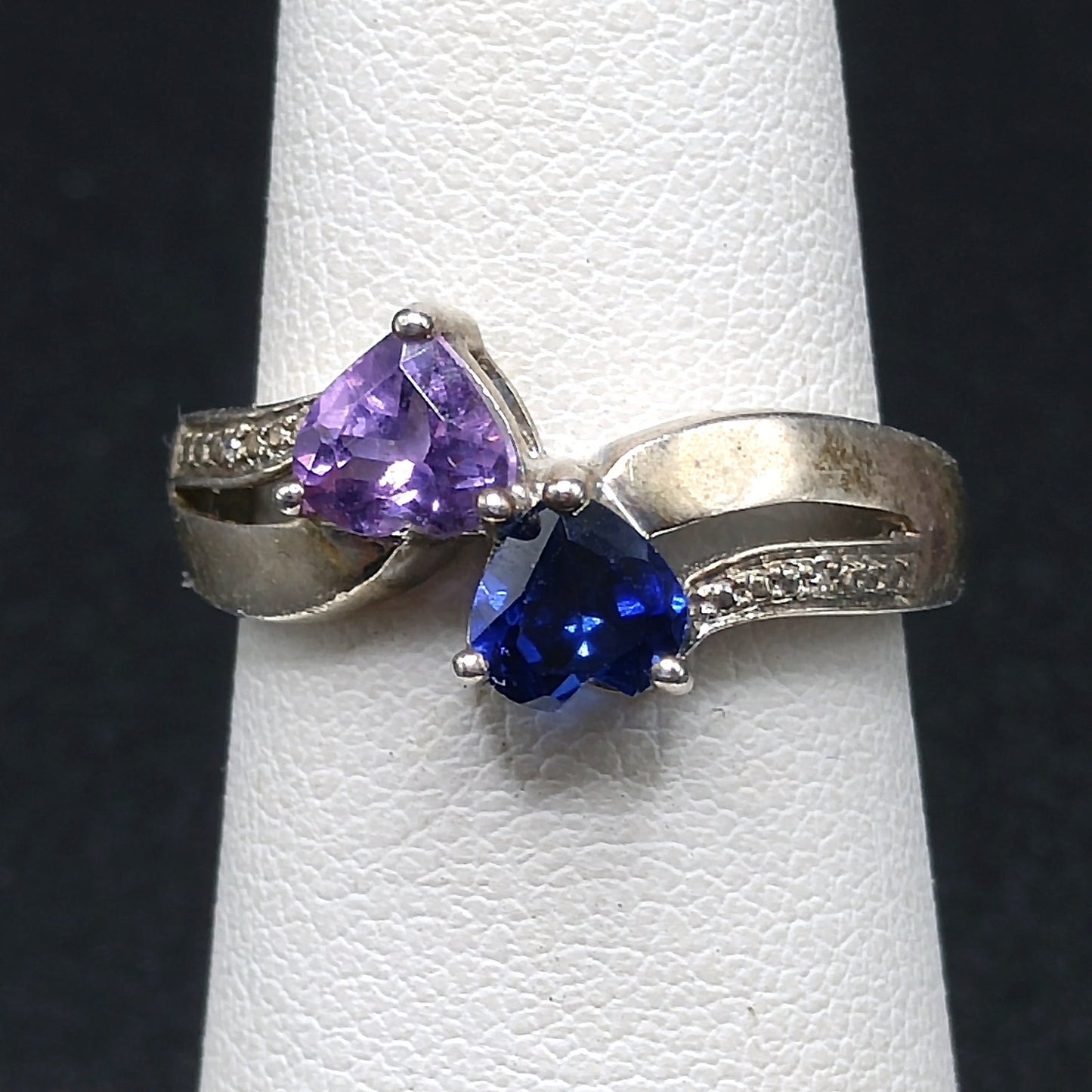 Sterling Silver Heart Ring with Blue Topaz & Amethyst, Size 5.5, 1980s–1990s