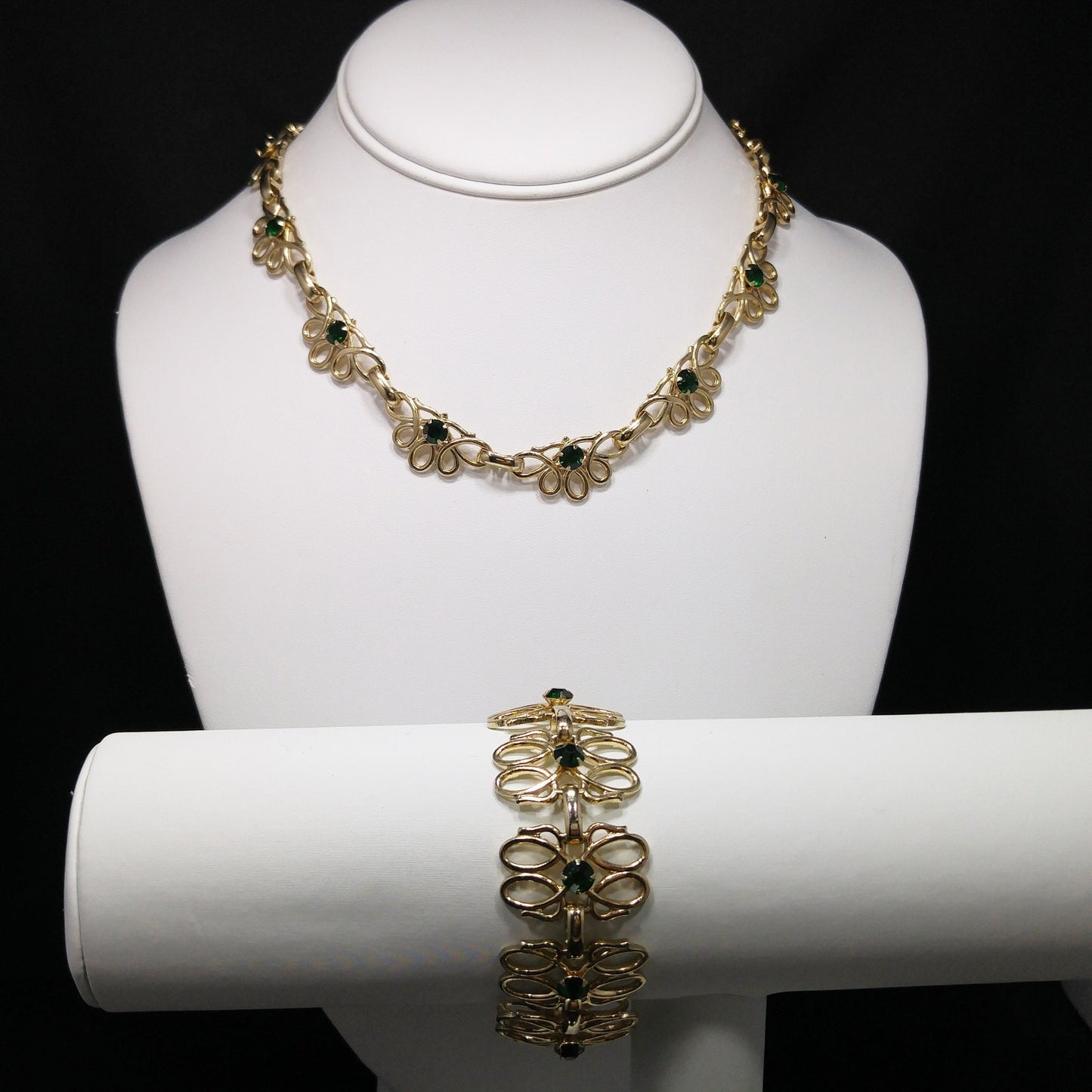 Green Rhinestone Necklace & Bracelet Set, Gold Tone, 1950s Vintage Jewelry