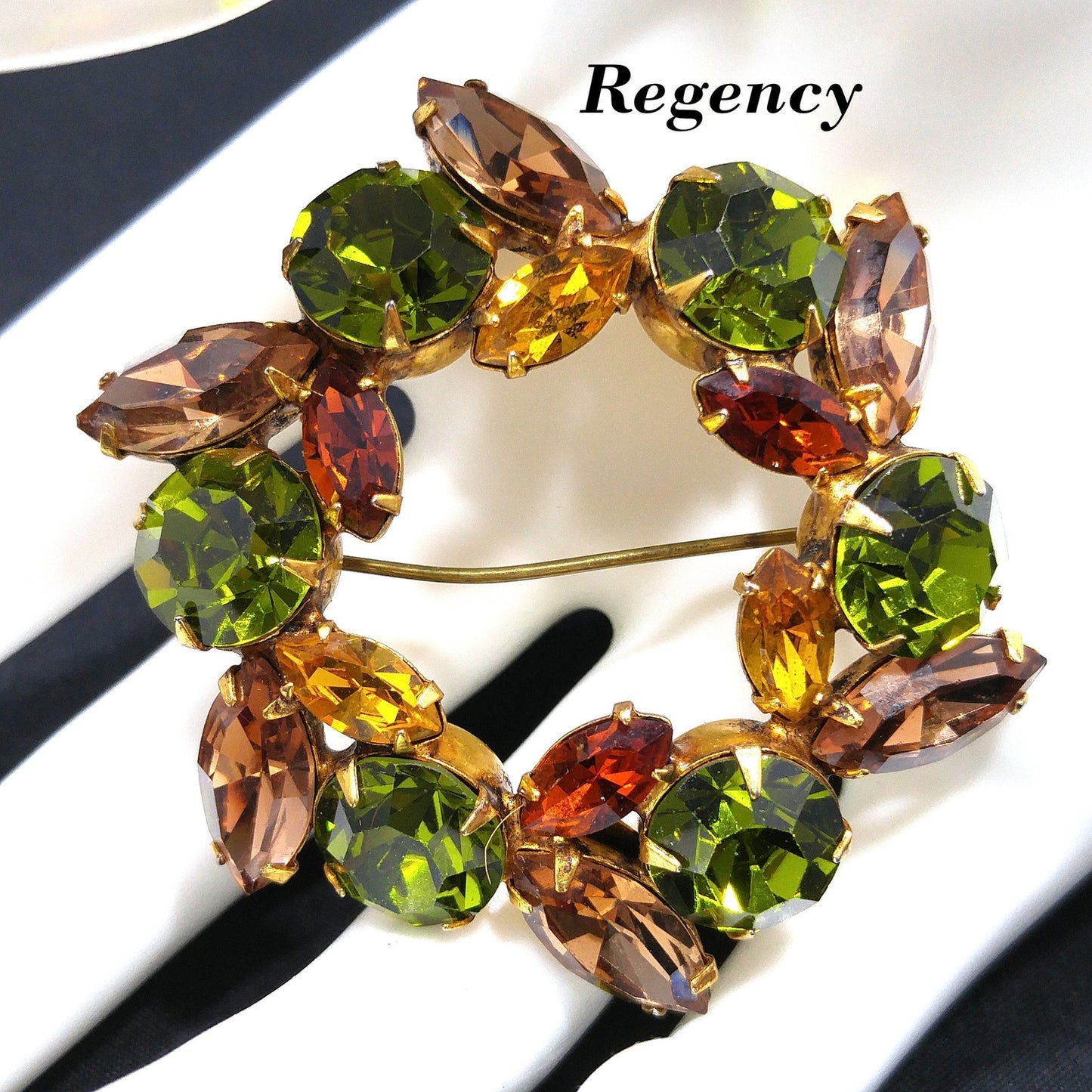 Vintage Regency Wreath Brooch, Green Topaz Citrine Crystal Rhinestones, 1950s Vintage Jewelry