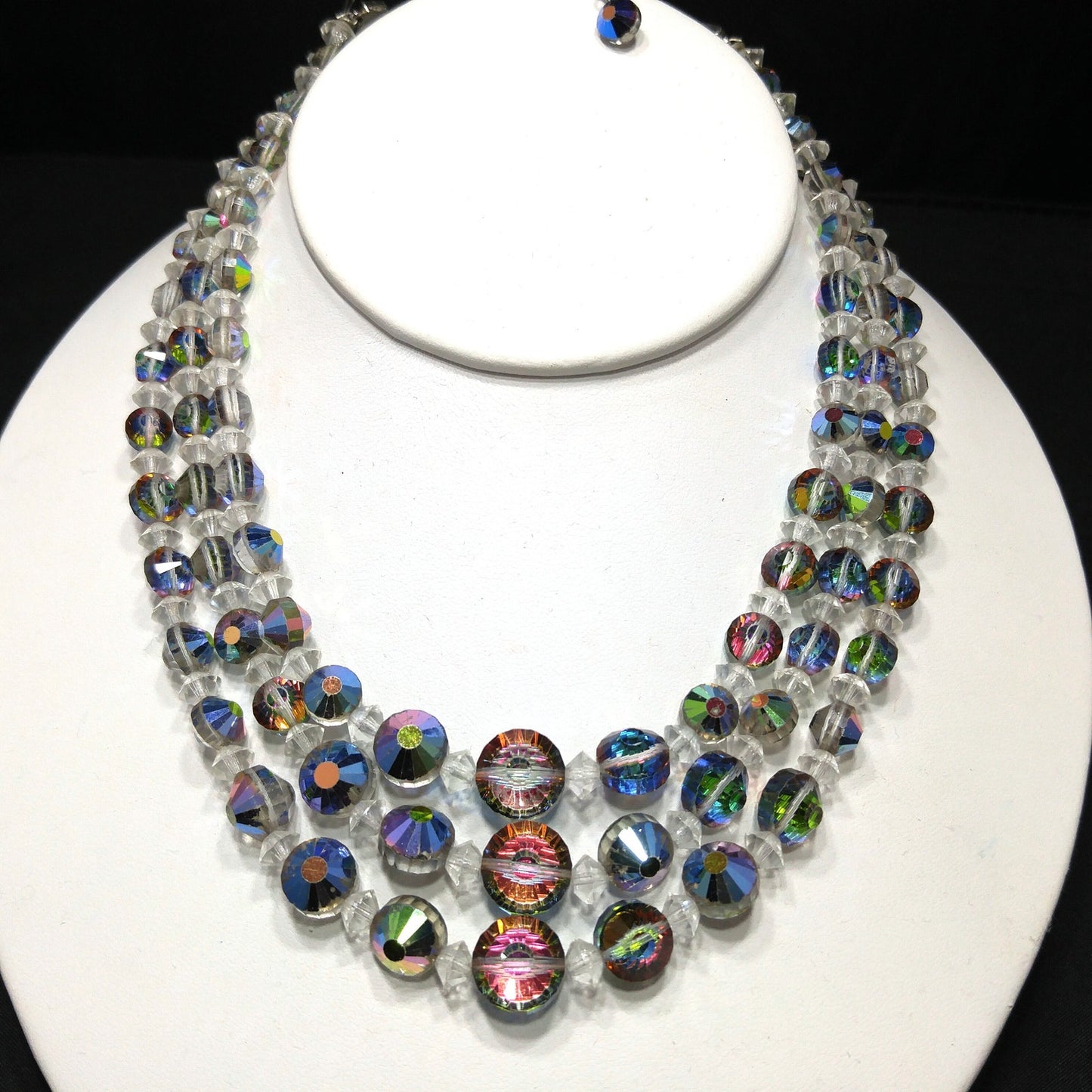 Vitrail Aurora Borealis Crystal Bead Necklace, Three Strands, 1960s Vintage Jewelry