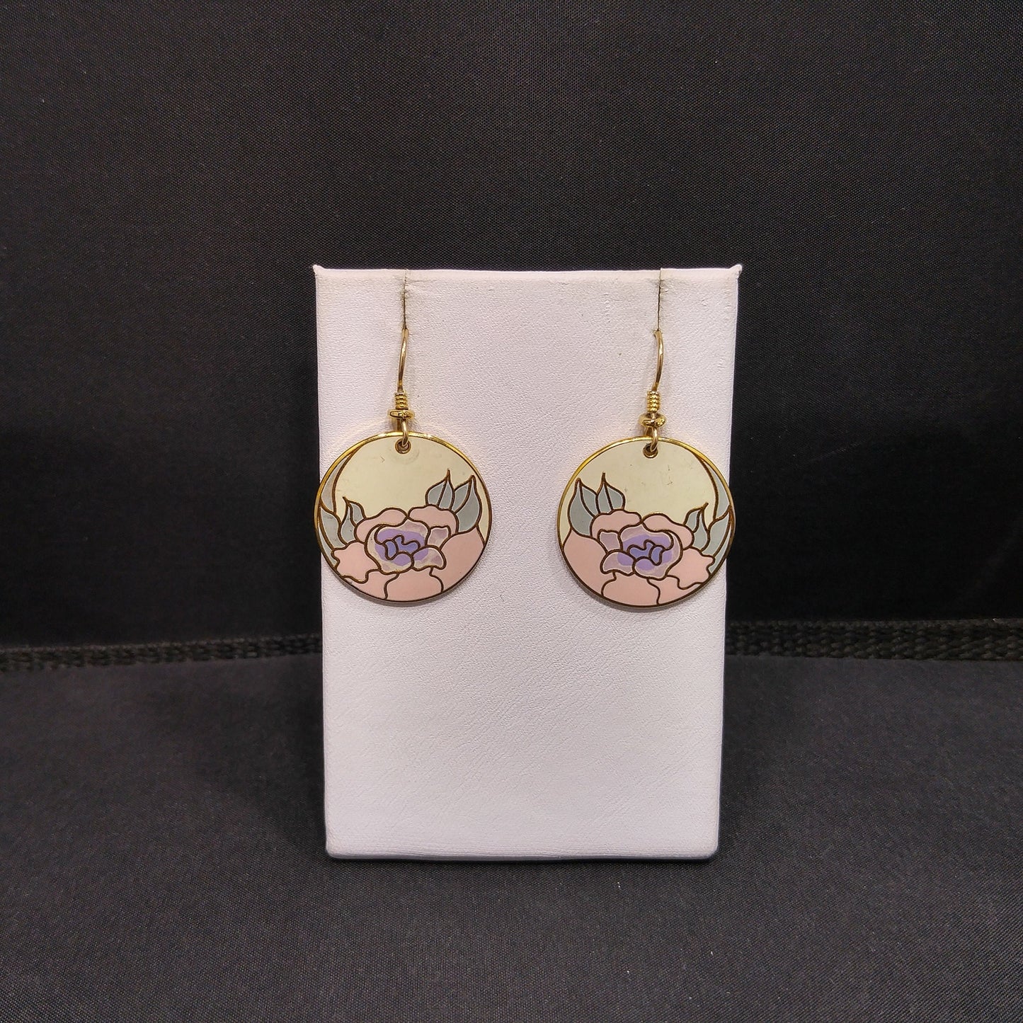 Vintage Laurel Burch "Garden Rose" Earrings, Cloisonné Gold Plated