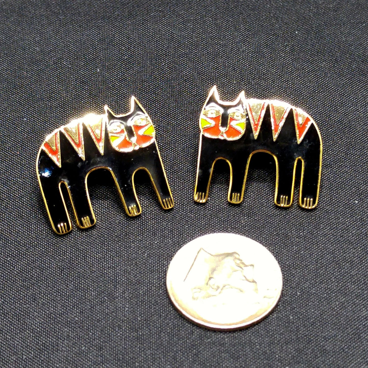 Vintage Laurel Burch Black Cat Post Earrings, Black Red Enamel, Gold Plated