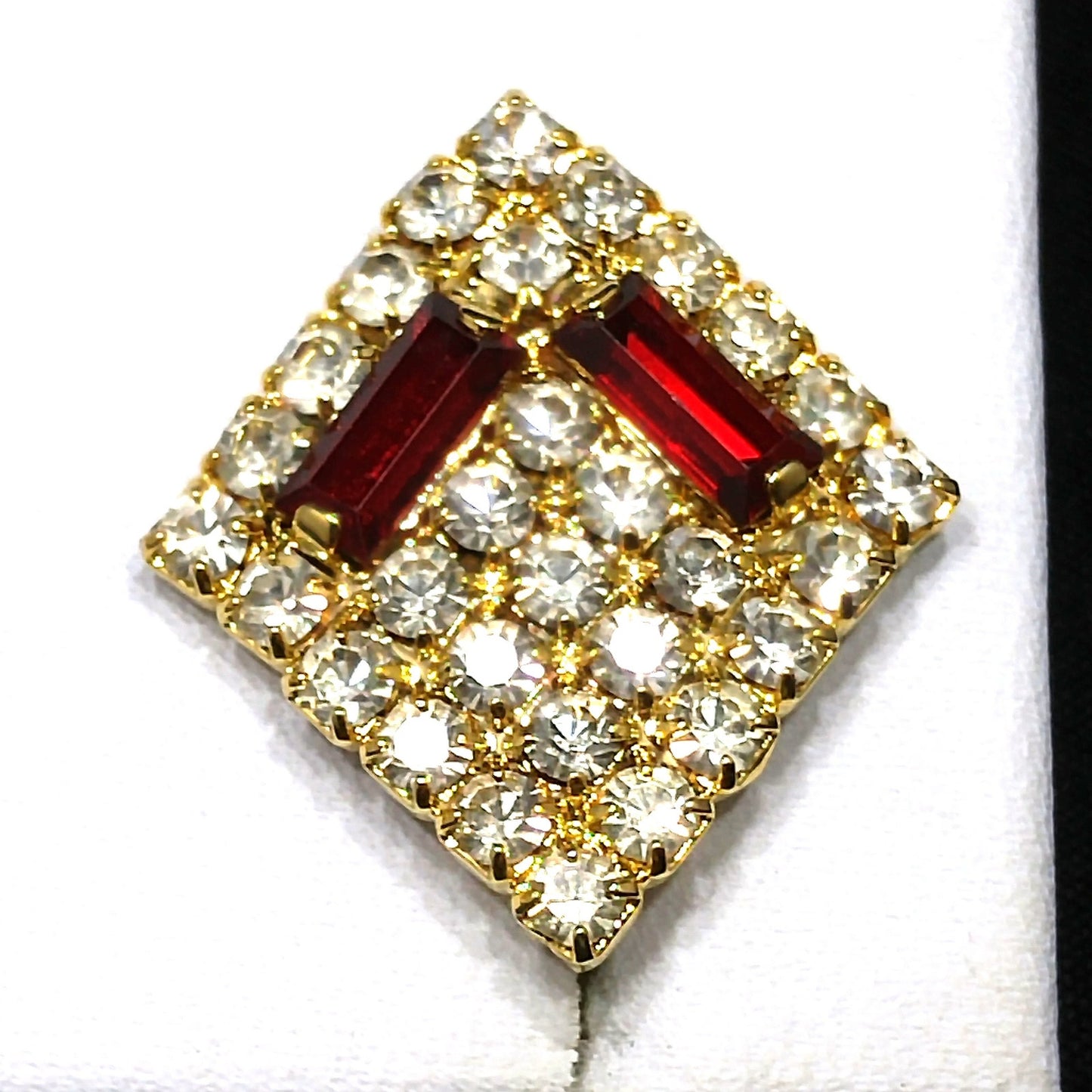 Hobe' Designer Red Clear Rhinestone Clip Earrings, Gold Plated, 1960s Vintage Jewelry