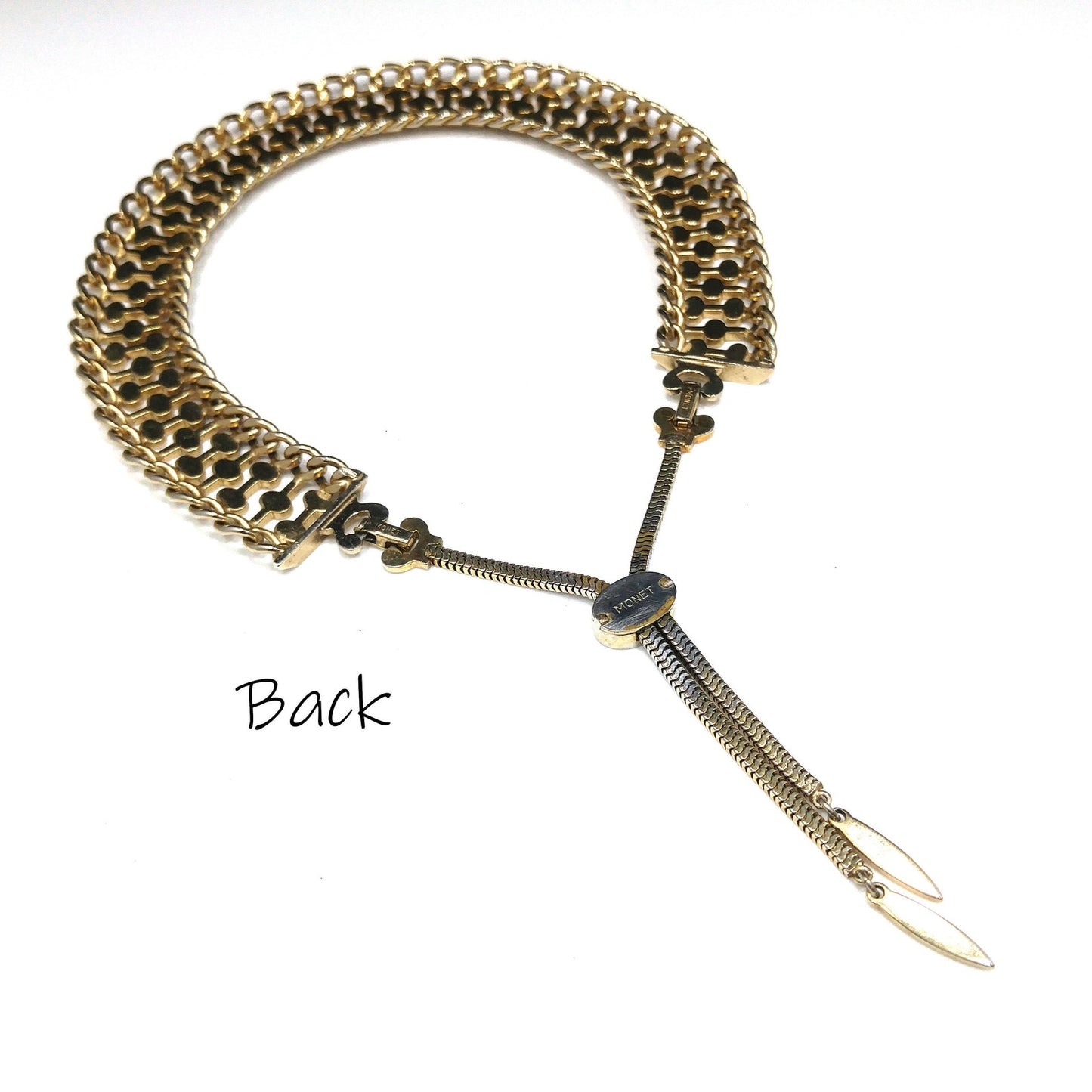 Mid Century MONET Collar Necklace, Tassel Down Back & Two Clasps, Gold Plated, 1950s Vintage Jewelry
