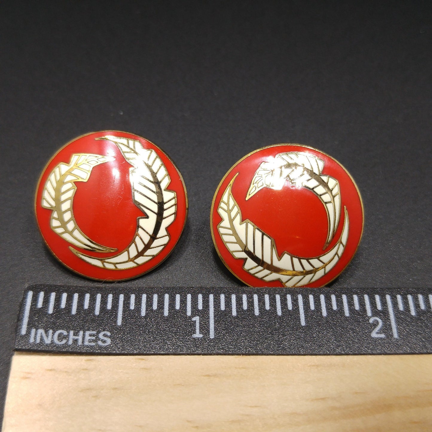 Vintage Laurel Burch "Palm Leaves" Red White Enamel Post Earrings, Gold Plated