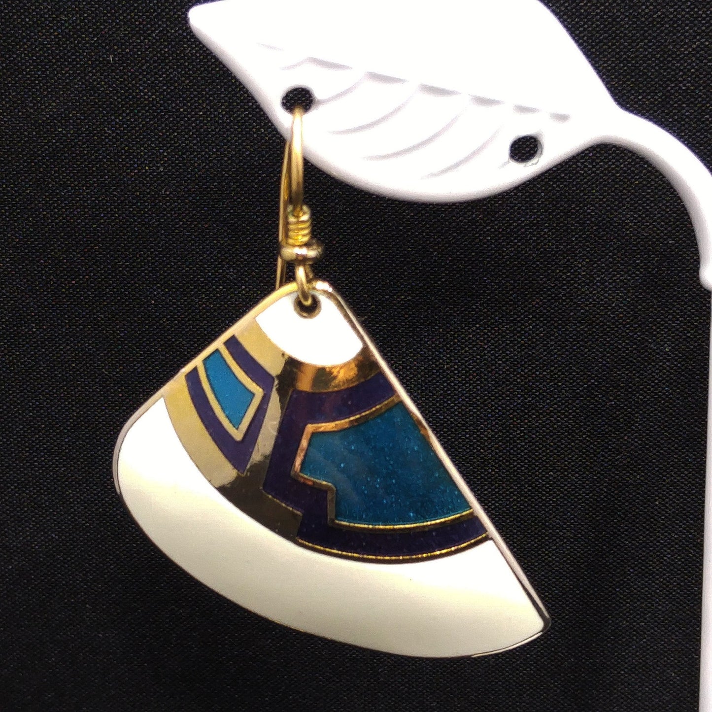 Laurel Burch White Purple Blue Enamel Fan Earrings, Gold Plated Cloisonne, 1980s Vintage Jewelry