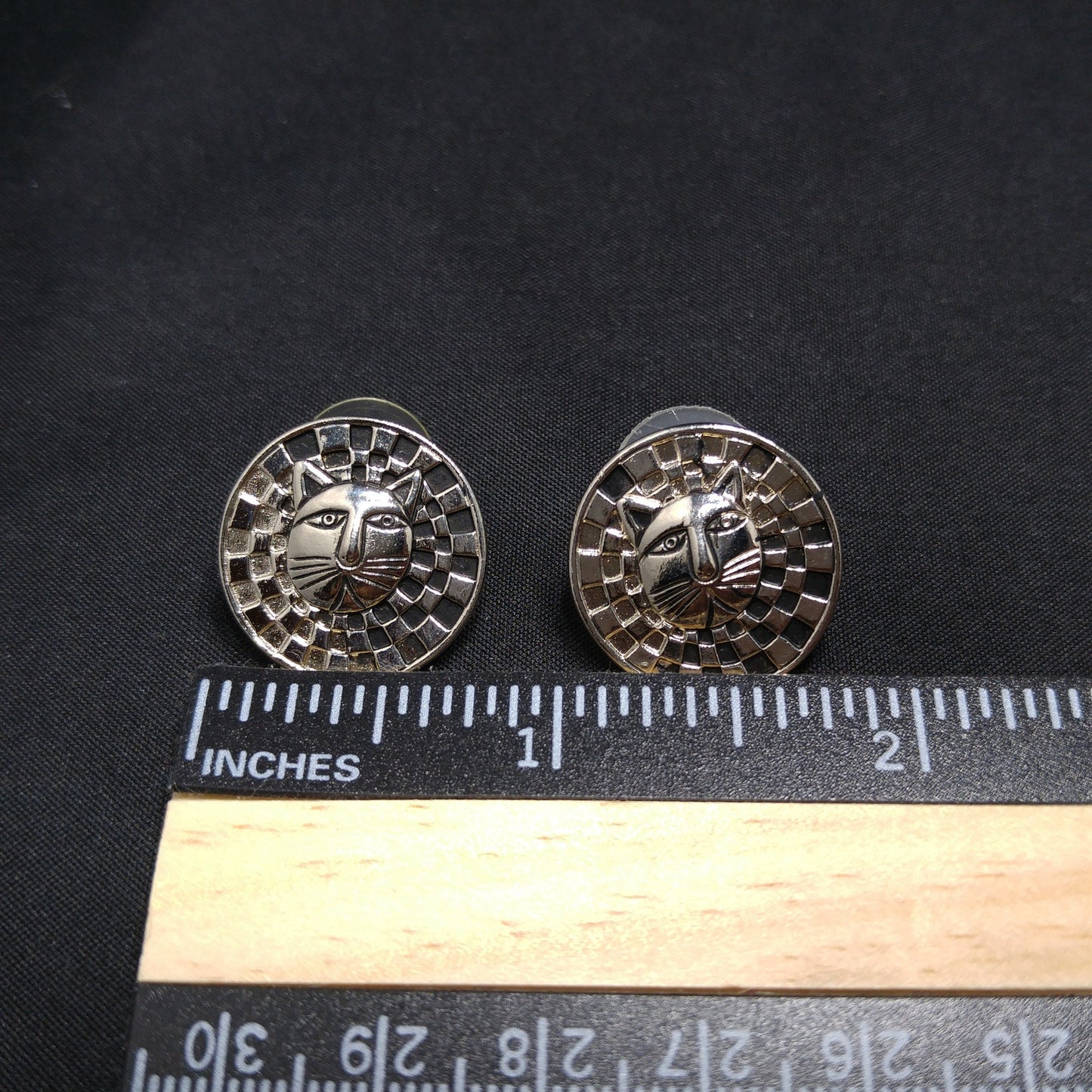 Laurel Burch Cat Face Post Earrings, Checkerboard Background, Rhodium Plate