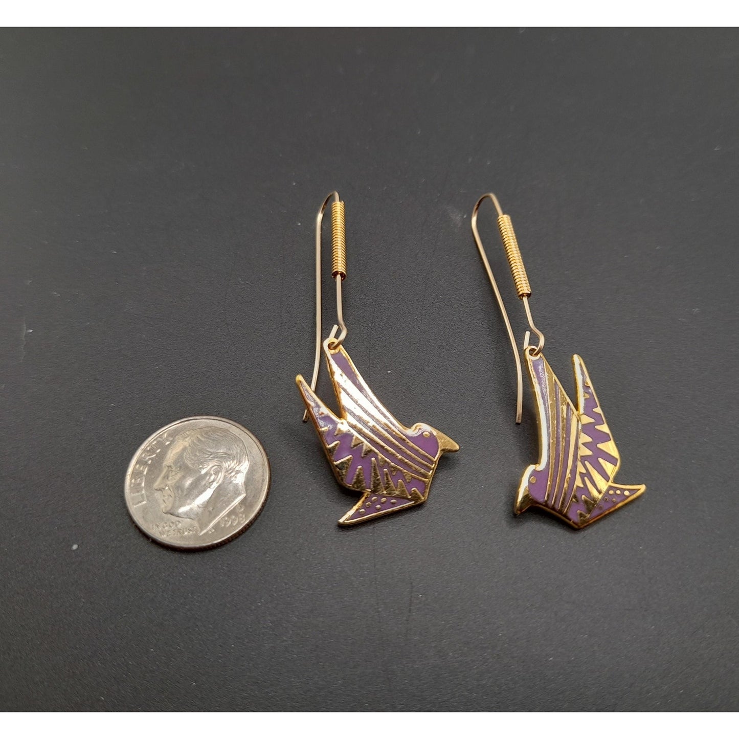 Laurel Burch Long Ear Wire Bird Earrings, Purple Enamel, Gold Plated, 1990s Vintage Jewelry