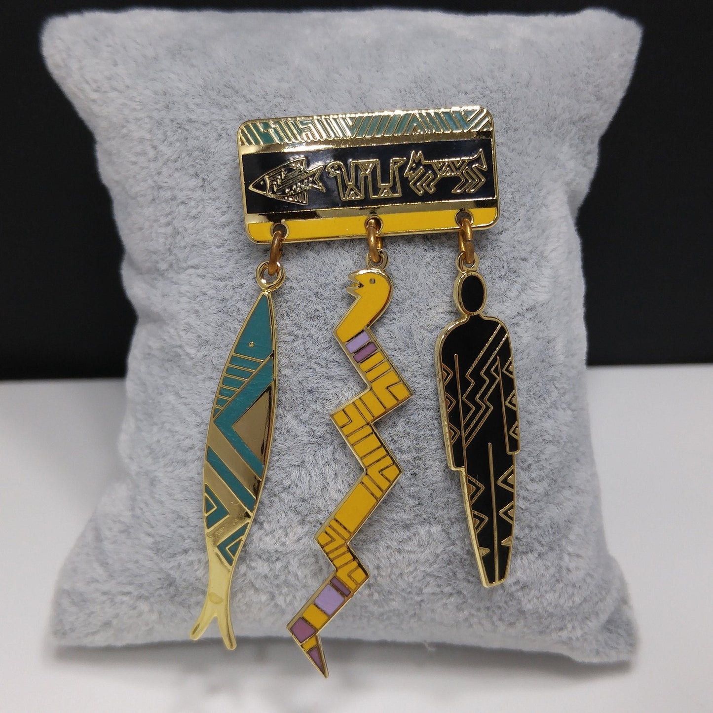 Laurel Burch "Artifacts" Brooch, Fish Snake Man, Gold Plated, 1980s Vintage Jewelry