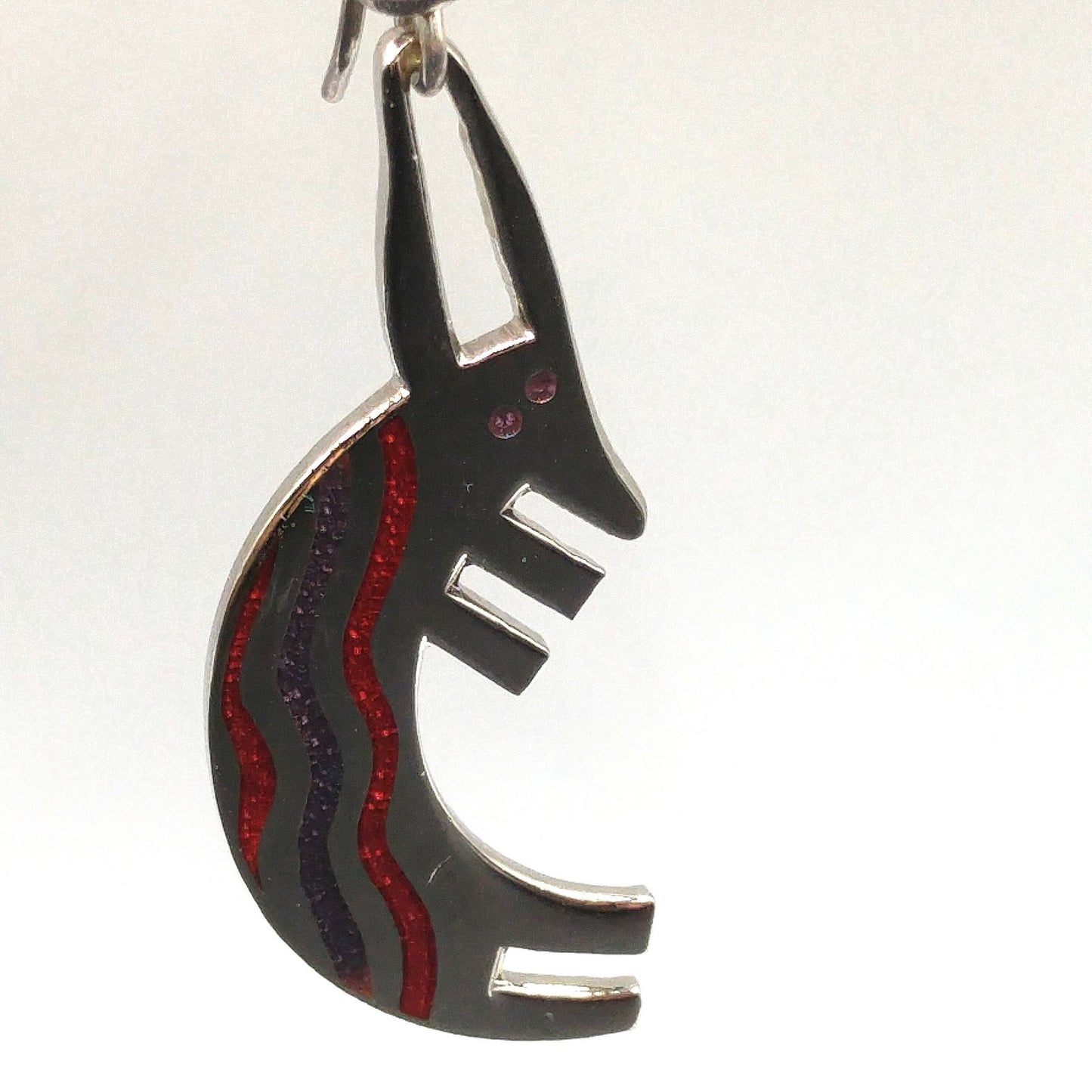 Laurel Burch "Conejo" Rabbit Dangle Earrings, Striped Red Purple Enamel, 1980s Vintage Jewelry
