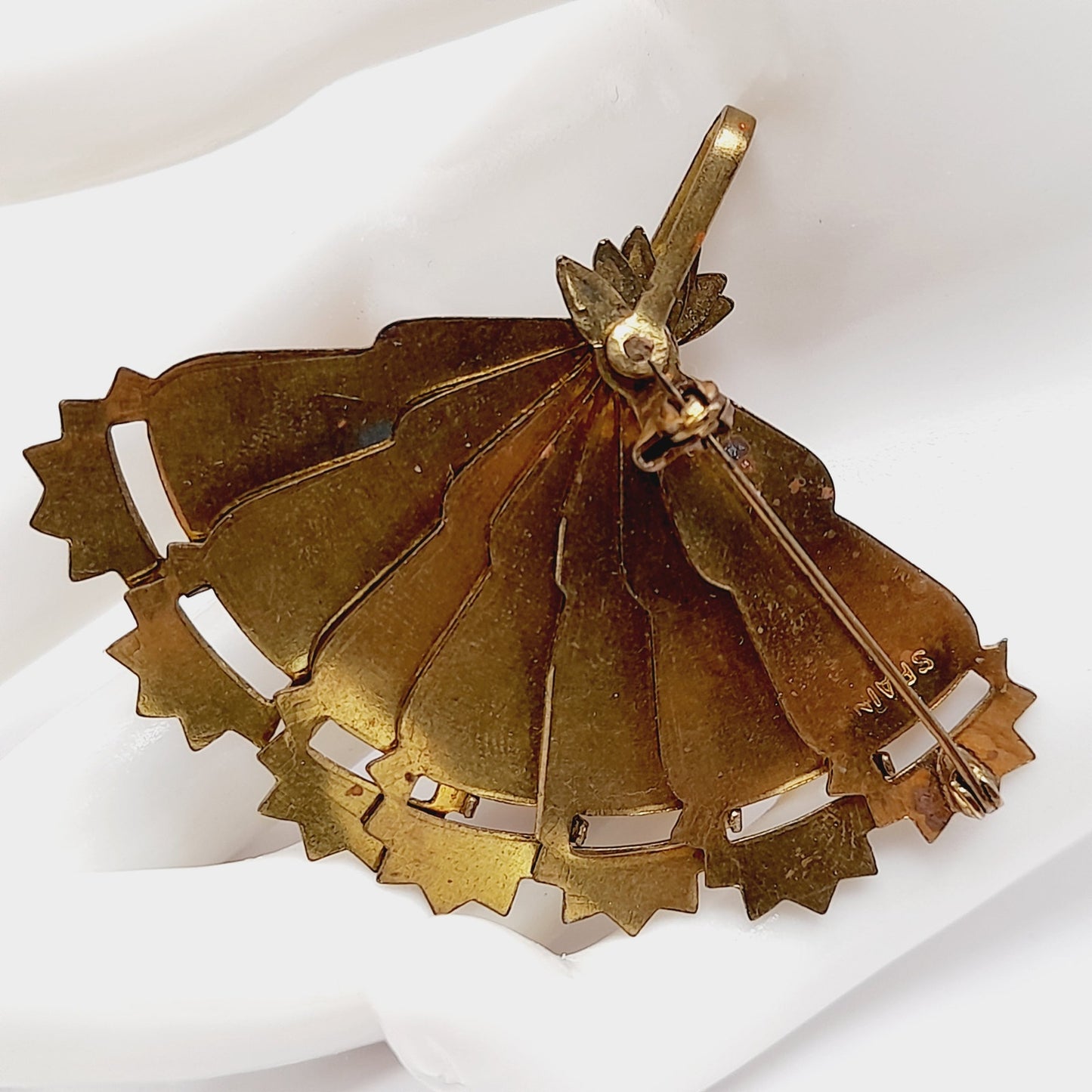 Vintage Spanish Damascene Articulated Fan Brooch Pin Pendant - Signed SPAIN - Black Gold Inlay Jewelry
