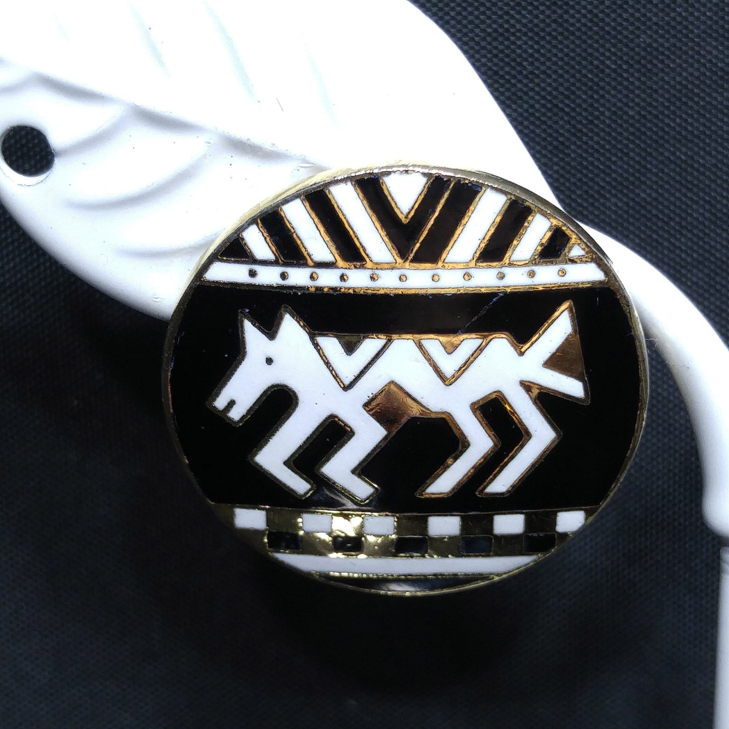 Laurel Burch "Coptic Horse" Earrings, Gold Plated, Black & White Enamel, 1980s