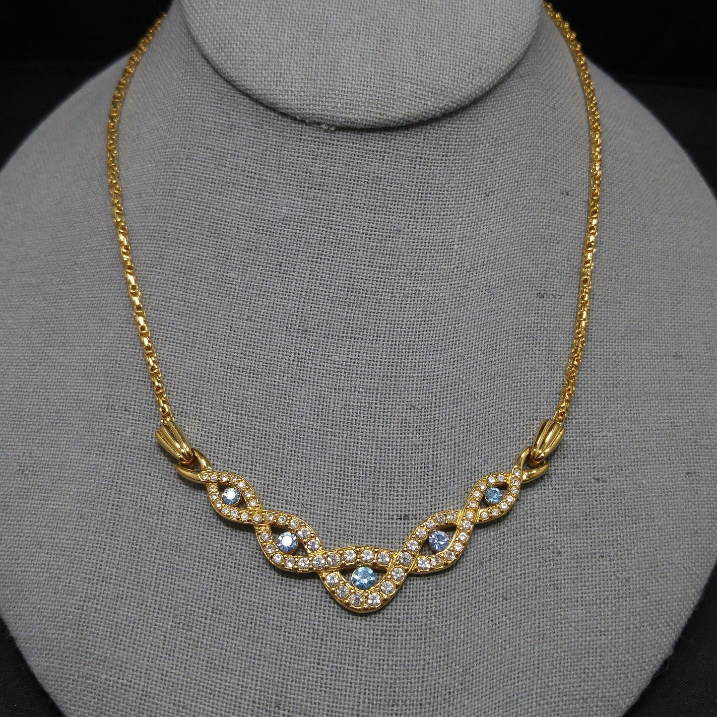 Vintage Swarovski Choker Necklace – Light Blue & Clear Crystals, Gold Plated, 1990s