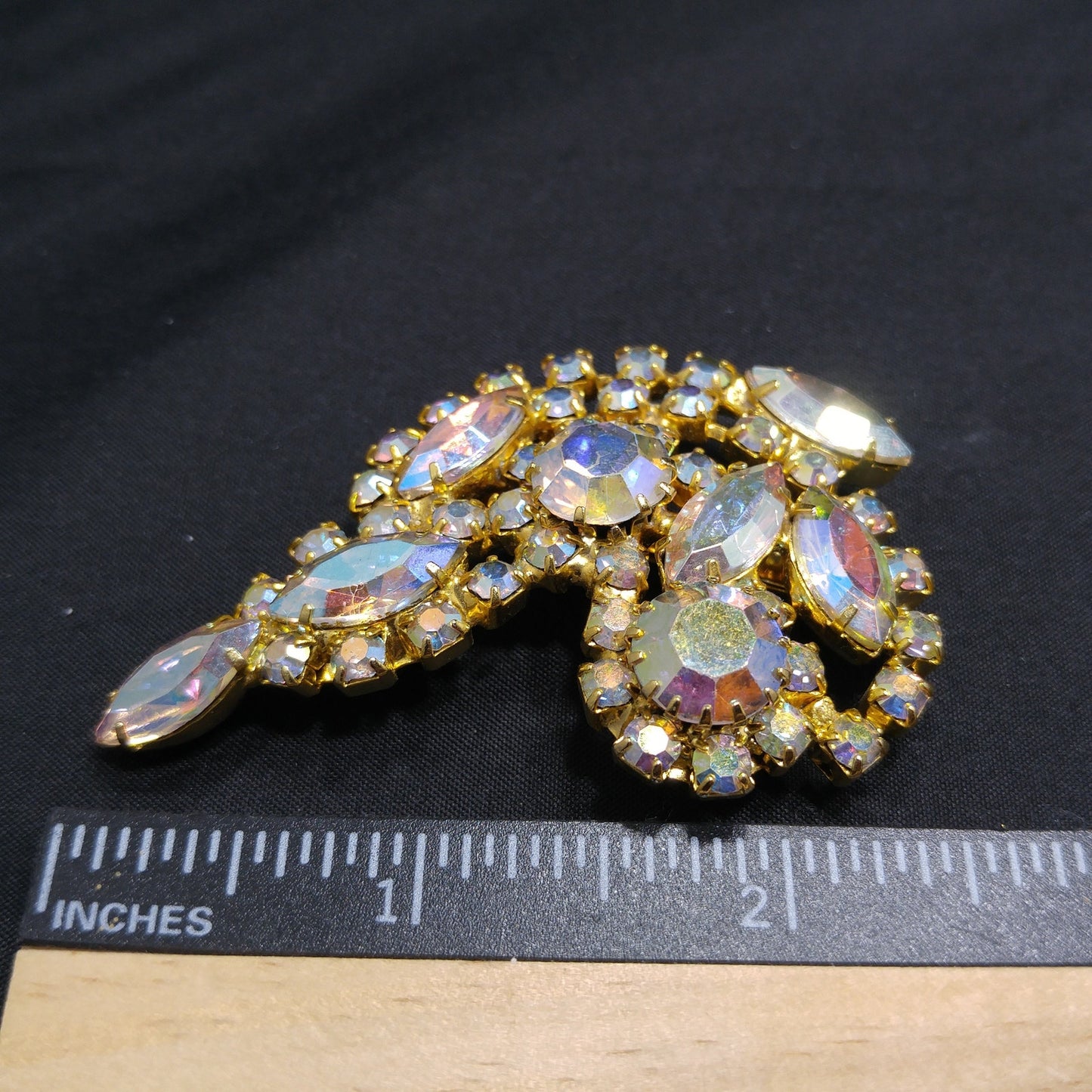 Aurora Borealis Rhinestone Brooch, Gold Plated, AB Clear Rhinestones, 1960s Vintage Jewelry
