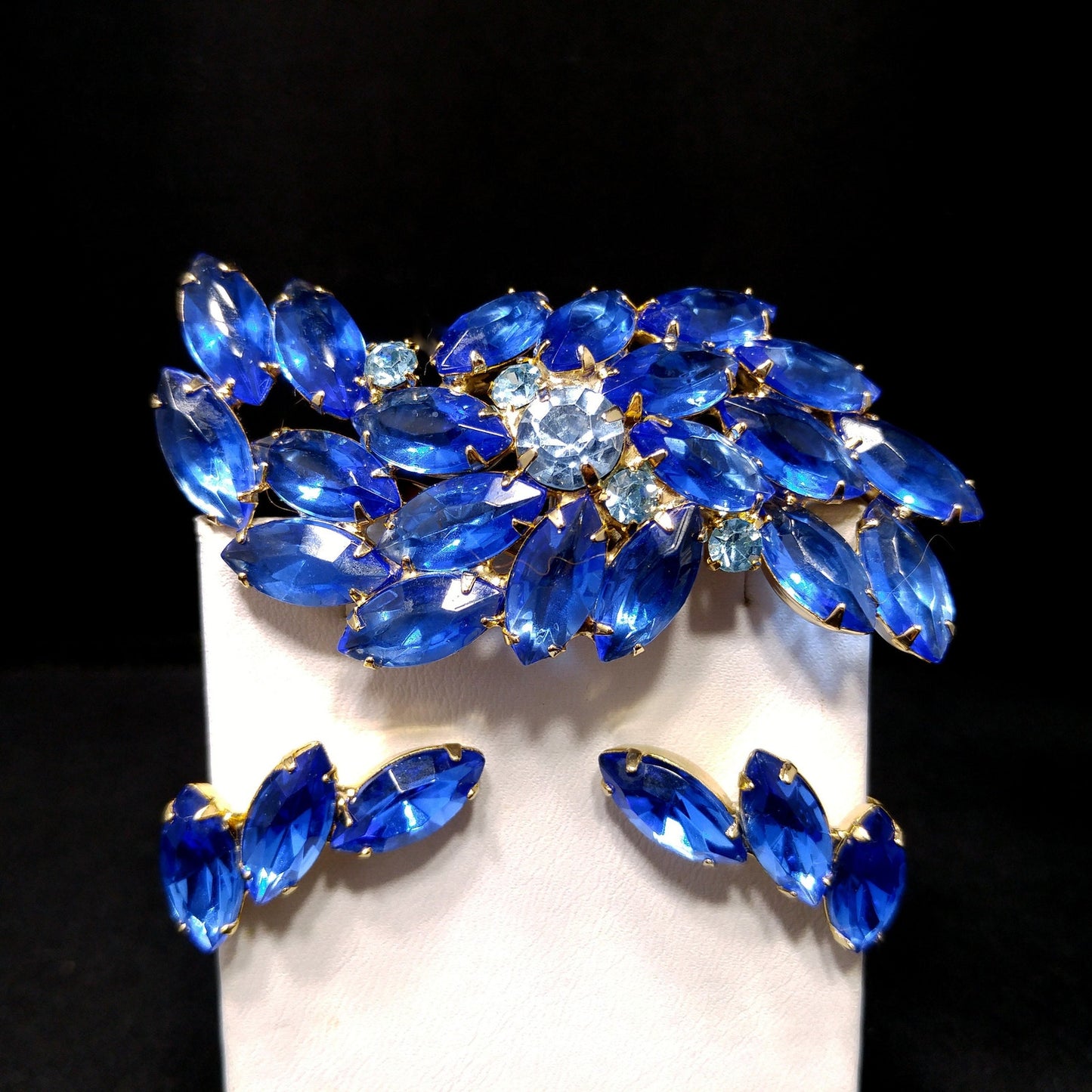 Vintage Royal Light Blue Rhinestone Brooch Earring Set, Gold Plated, 1960s Vintage Jewelry
