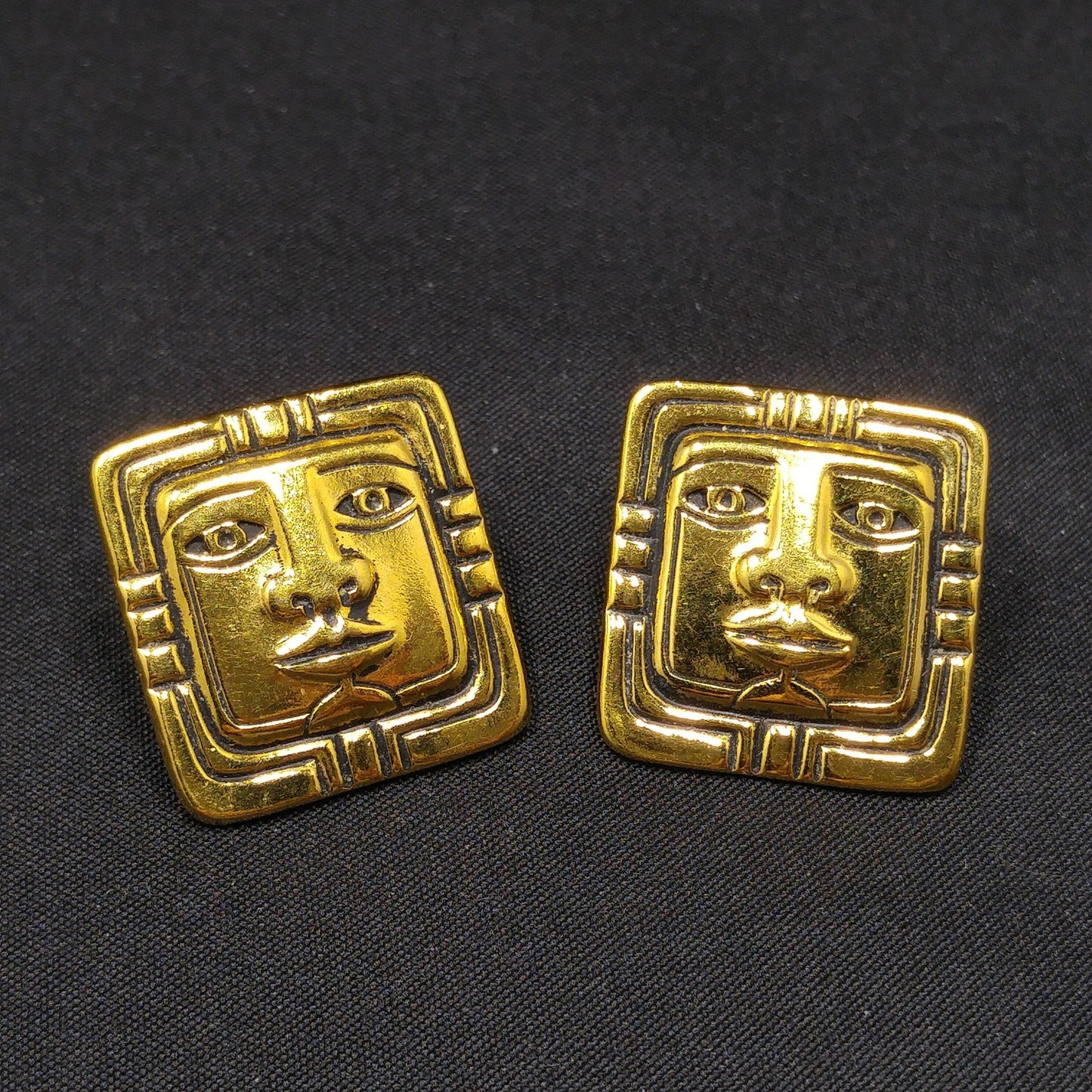 Vintage Laurel Burch Aztec Face Post Earrings, Gold Plated