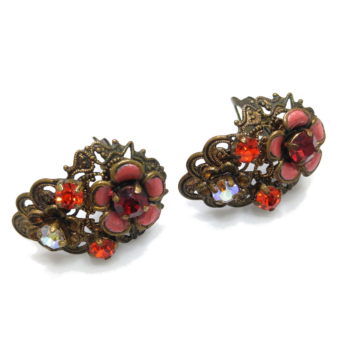 Germany Red Orange Filigree Clip Earrings, Enamel Flowers, 1940s Vintage Jewelry