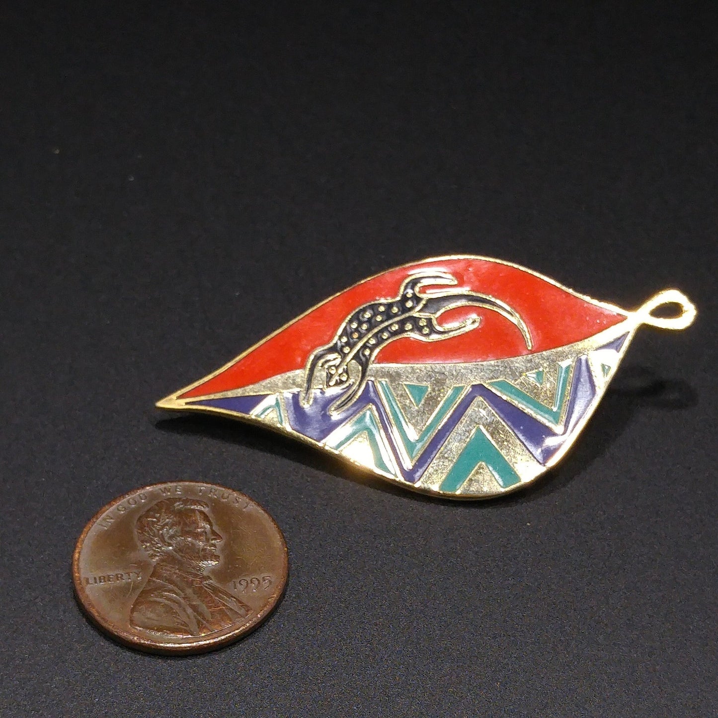 Laurel Burch "Leaf Lizard" Brooch & Pendant, Cloisonné Gold Plated, Enamel, 1980s Vintage Jewelry