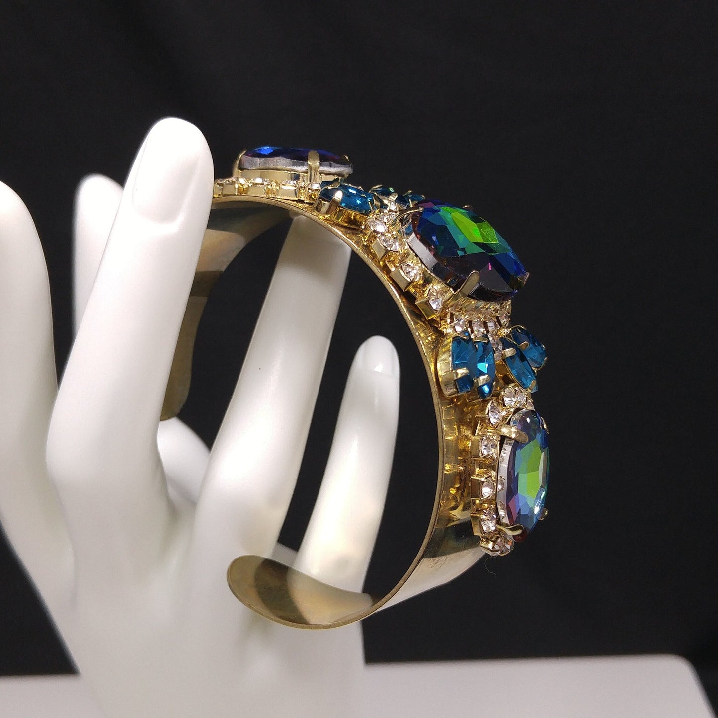 Brass Cuff Bracelet, Watermelon Crystal Rhinestones, Golden Brass, Clear & Sapphire Blue Rhinestones, Vintage Jewelry