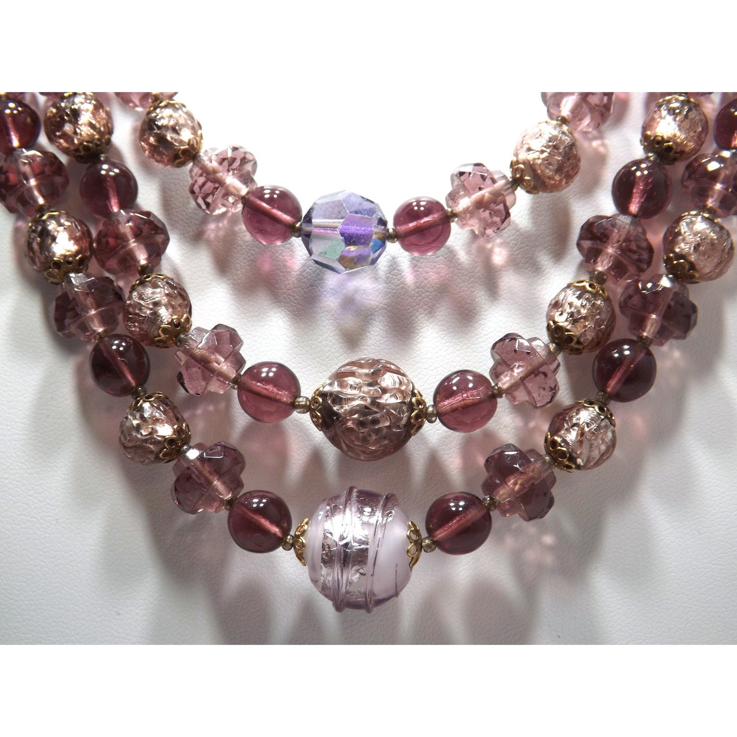 Art Glass Purple Gold Foil Beaded Necklace, Three Strands, 1960s Vintage Jewelry
