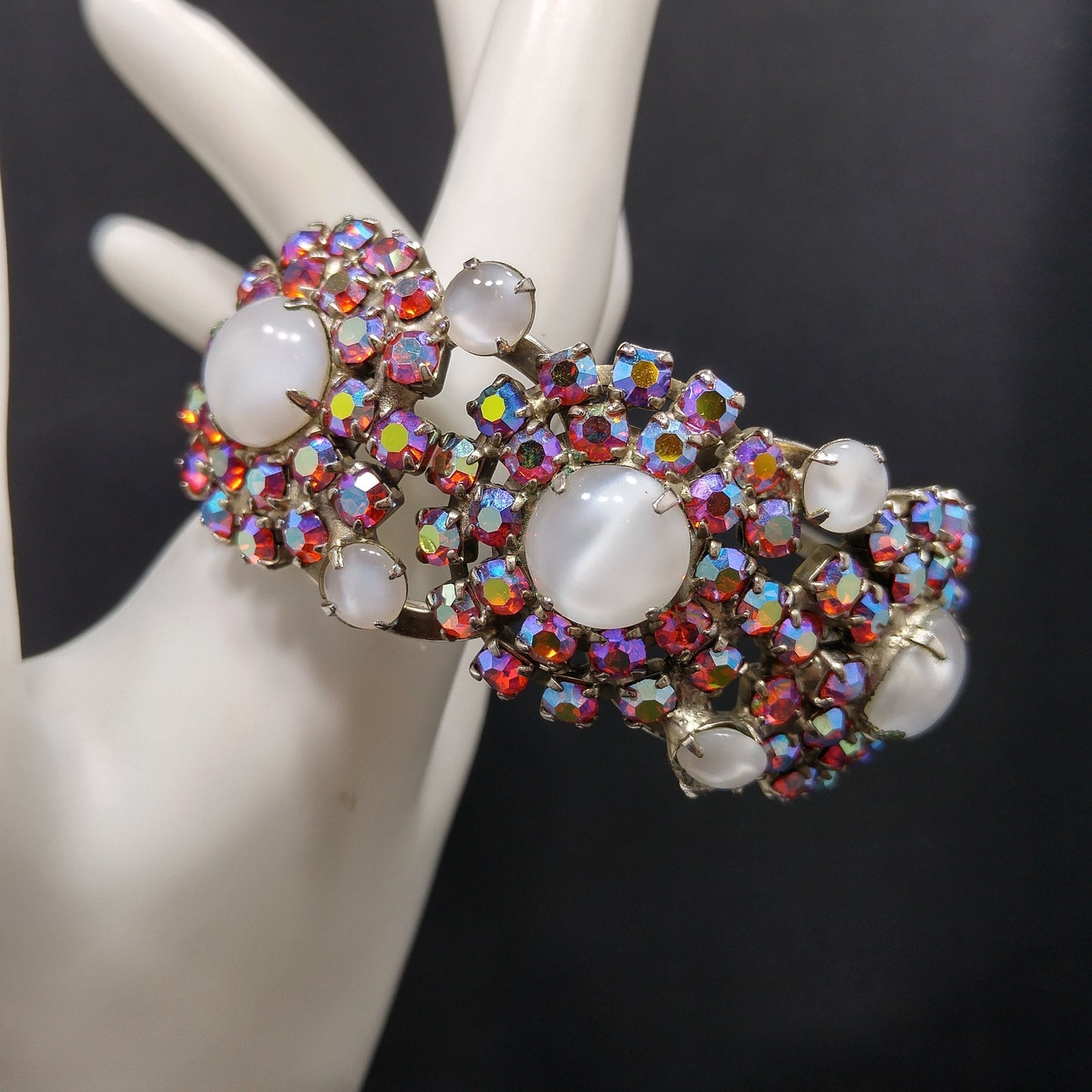 Vintage Juliana Clamper Bracelet & Earrings, DeLizza Elster, Red AB Rhinestones