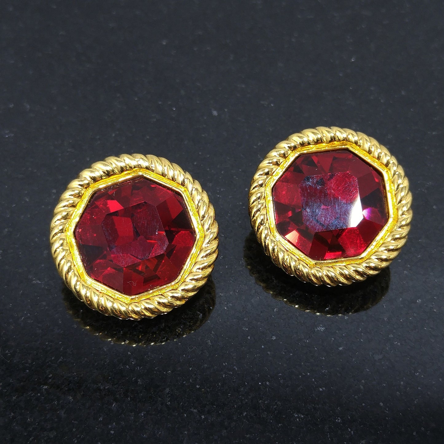 Vintage Swarovski Red Crystal Clip Earrings Gold Plated Rope Frame 1990s