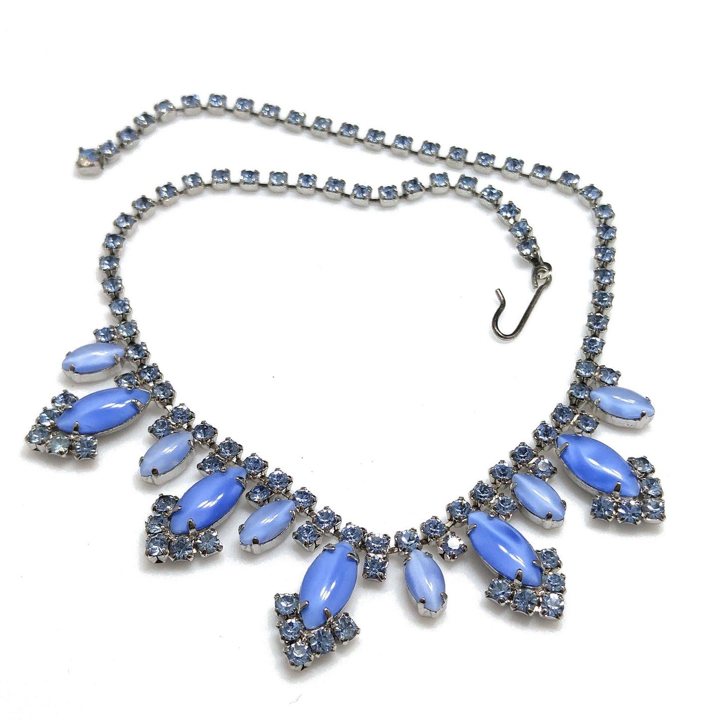 Blue Art Glass Rhinestone Necklace, Rhodium Plated, 1960s Vintage Jewelry