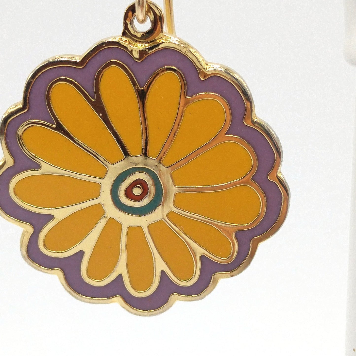 Laurel Burch "Flower Song" 1993 Flower Earrings, Gold Plated, Yellow Purple Enamel, 1990s Vintage Jewelry