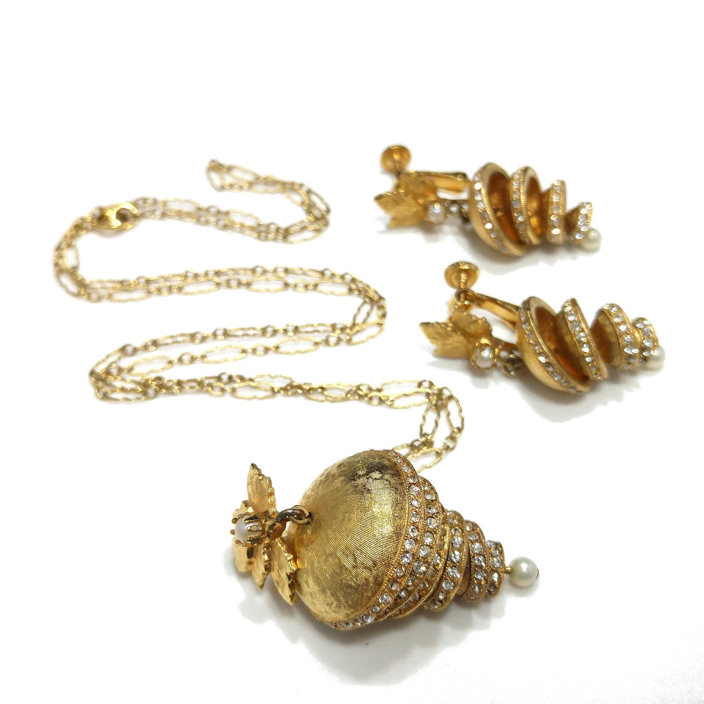 Vendome Articulated Floral Pendant Necklace & Earrings, Pave Rhinestones, Faux Pearls, 1960s Vintage Jewelry