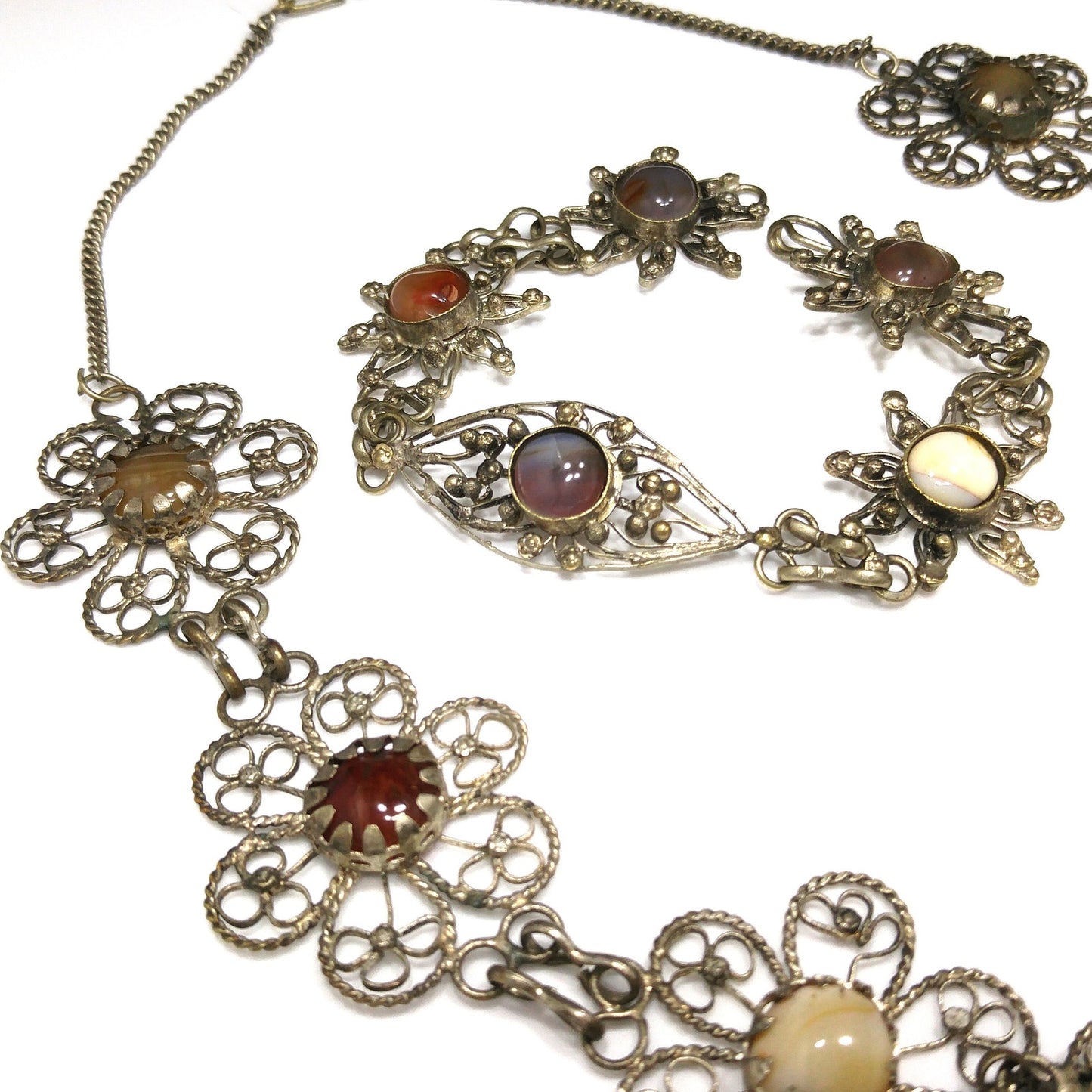 Multicolored Gemstones Twisted Wire Necklace & Bracelet, German or Nickel Silver, 1970s Vintage Jewelry