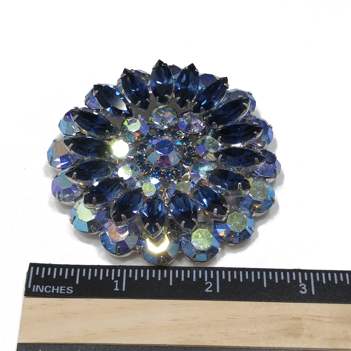 Mid Century Blue Aurora Borealis Brooch, Rhodium Plated, 1960s Vintage Jewelry