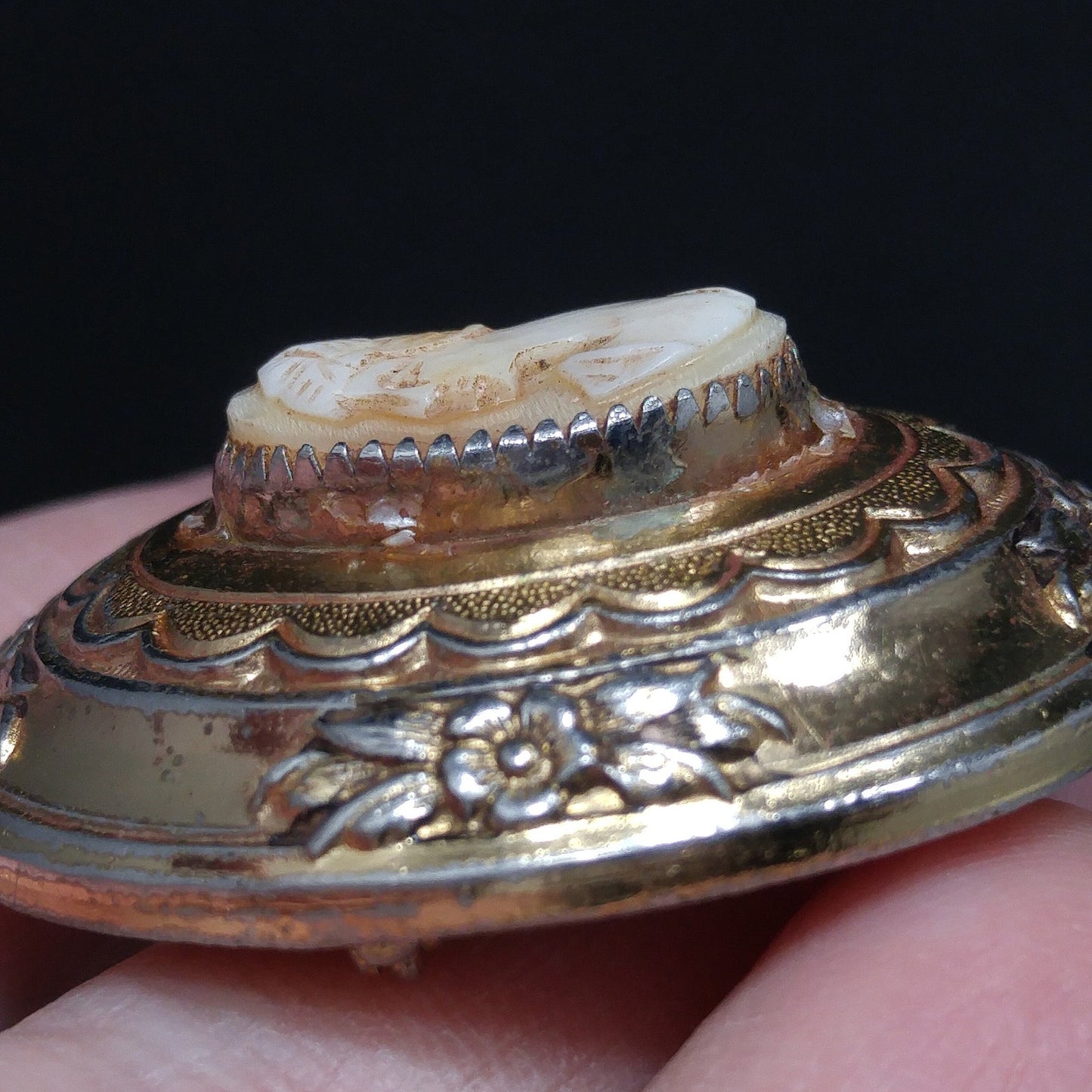 Coro Shell Carved Cameo Brooch, Gold Over Silver, 1950s Vintage Jewelry