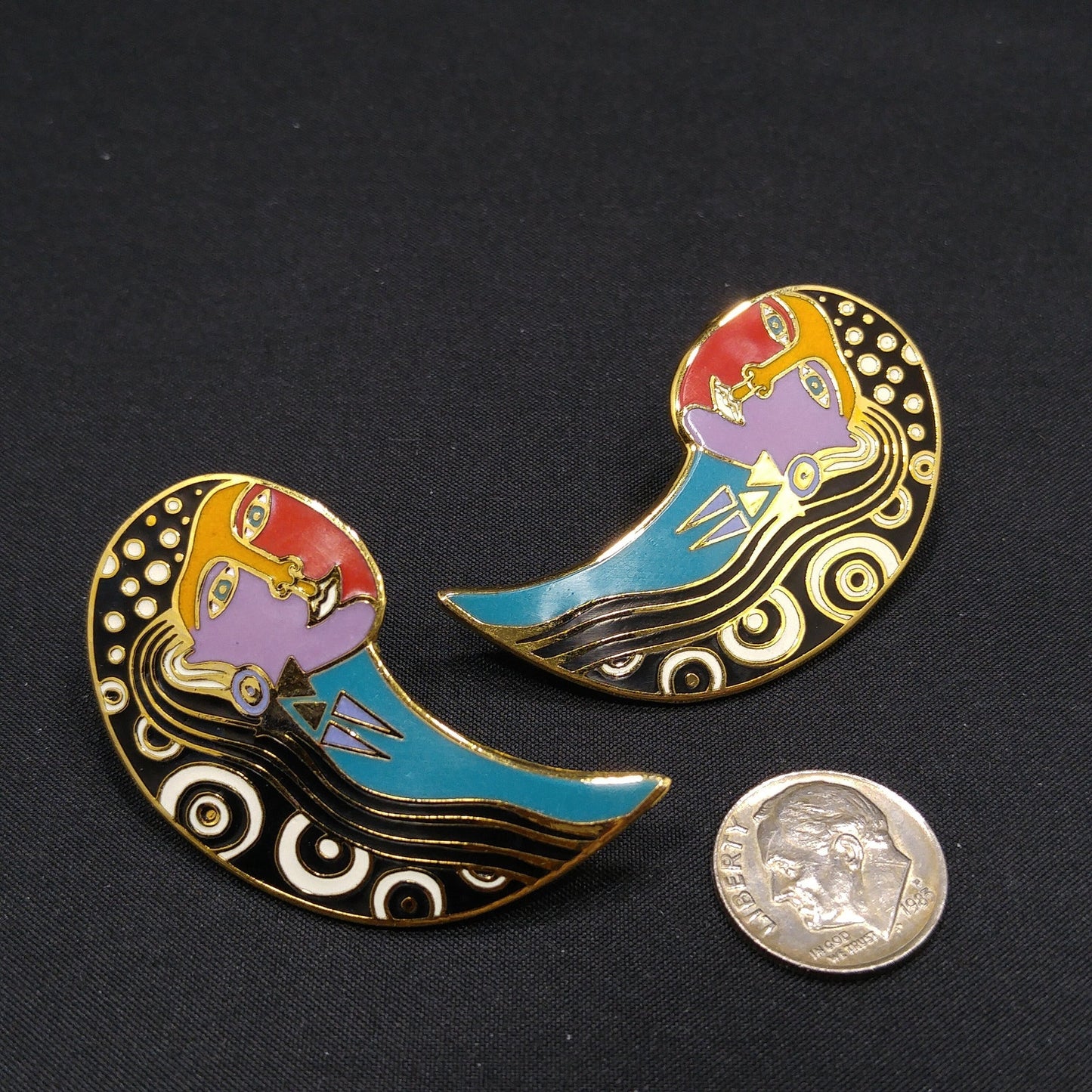 Vintage Laurel Burch "Gypsy Soul 1993" Post Earrings, Gold Plated, Enamel, 1990s