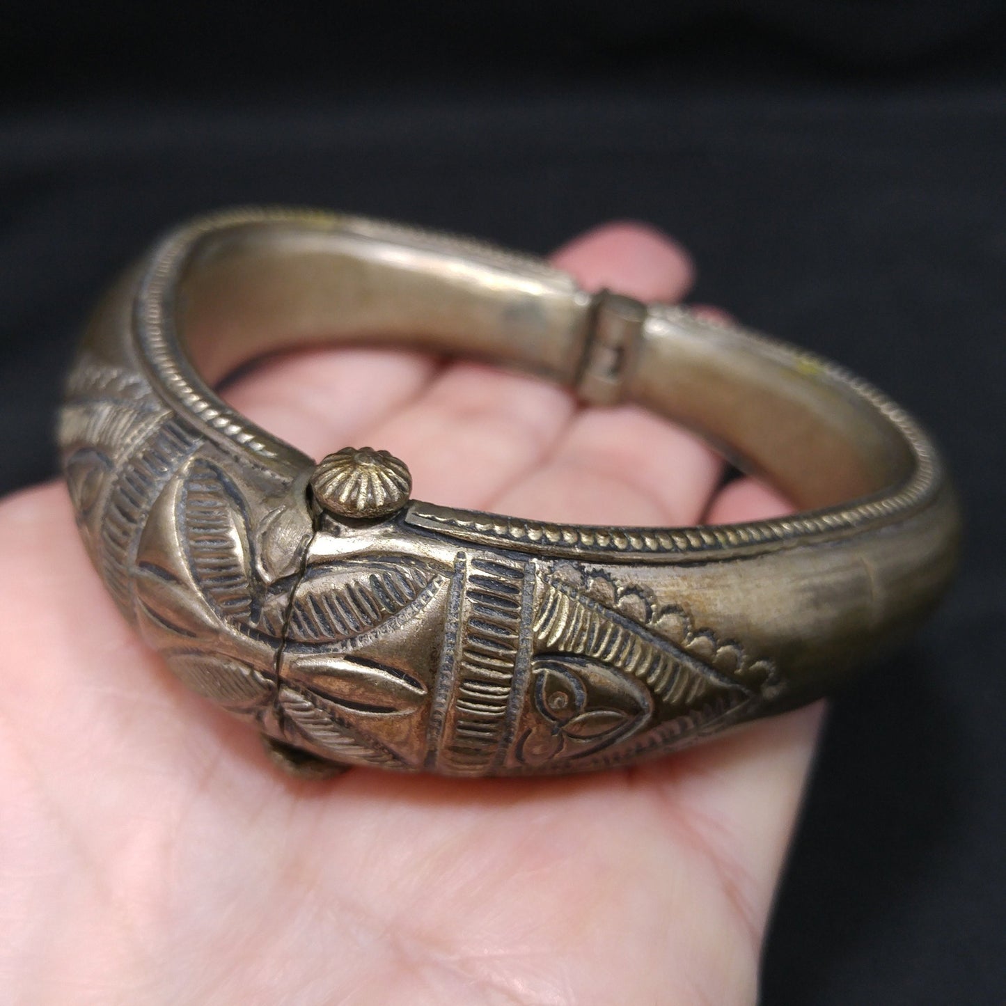 Tribal Embossed Hinged Bracelet, Plunger or Pin Clasp, Gold Wash, 1940s Vintage Jewelry