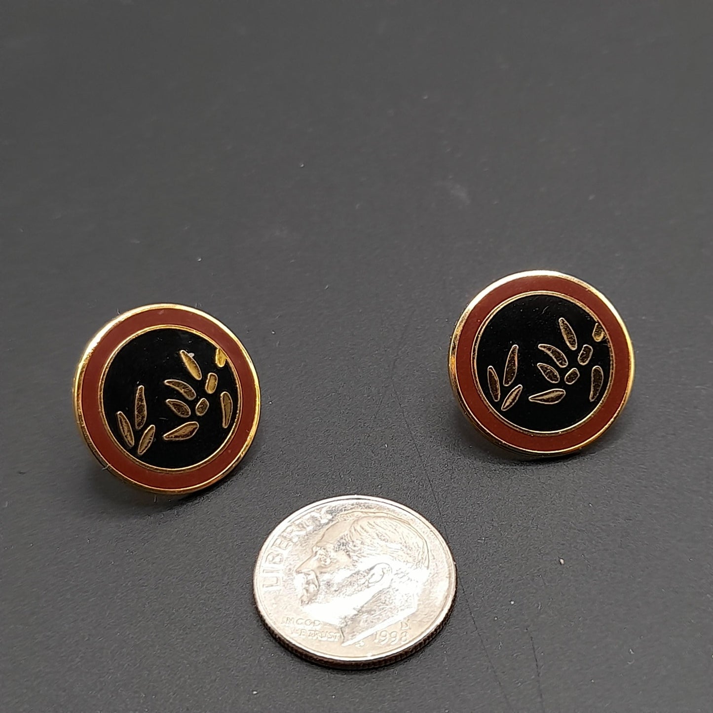 Vintage Laurel Burch Bamboo Post Earrings, Gold Plated, Black Brown Enamel, 1980