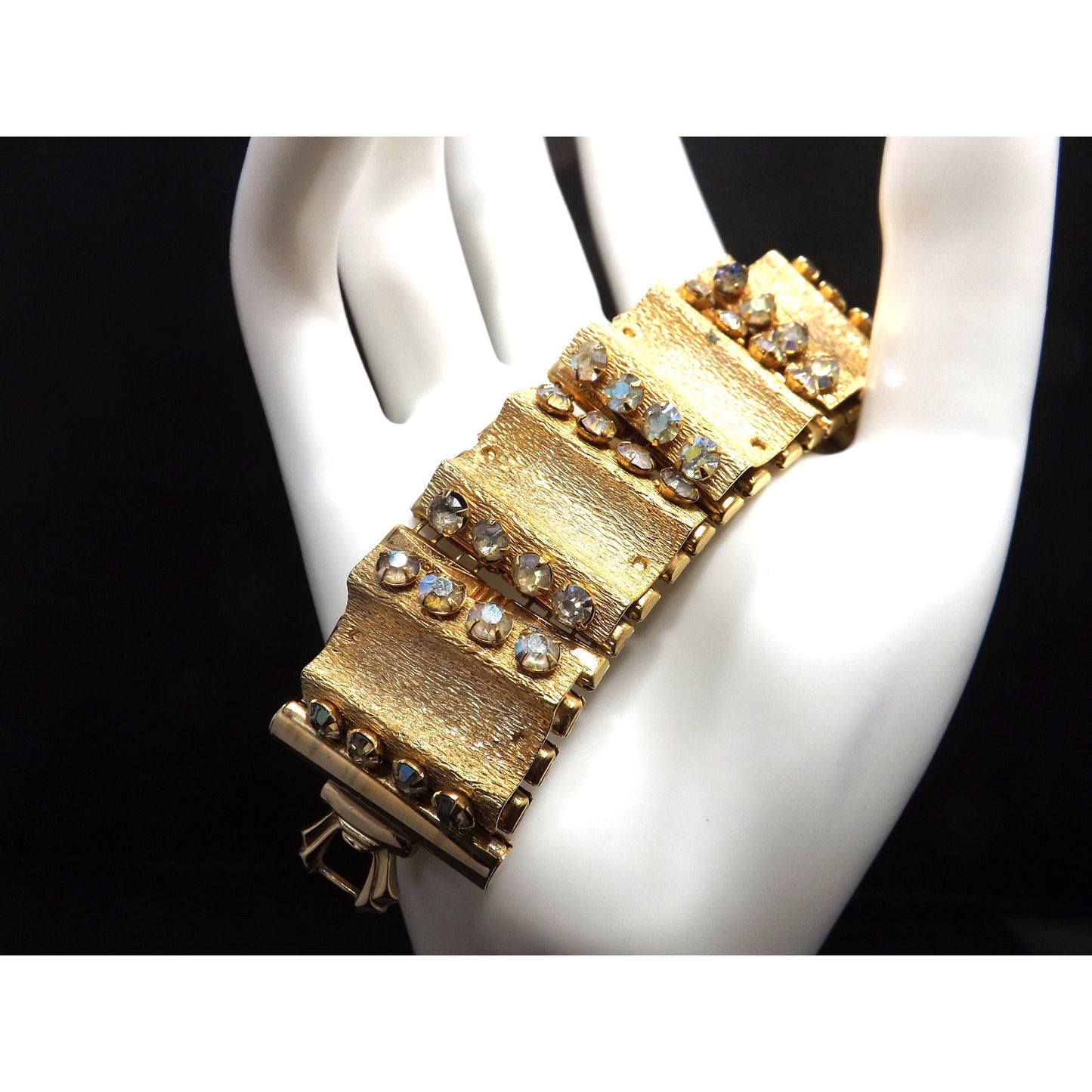 Vintage LERU Aurora Borealis Rhinestone Bracelet, Gold Plate Mid-Century, 7 1/8"