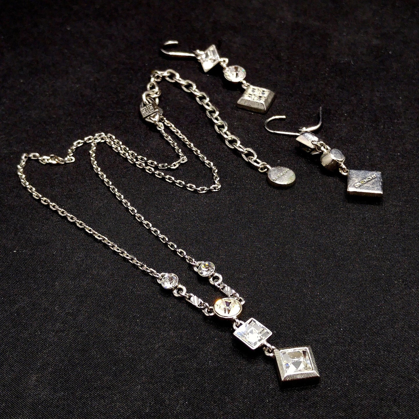 Givenchy 1990s Jewelry Set, Necklace & Earrings, Clear Rhinestones, Rhodium Plated
