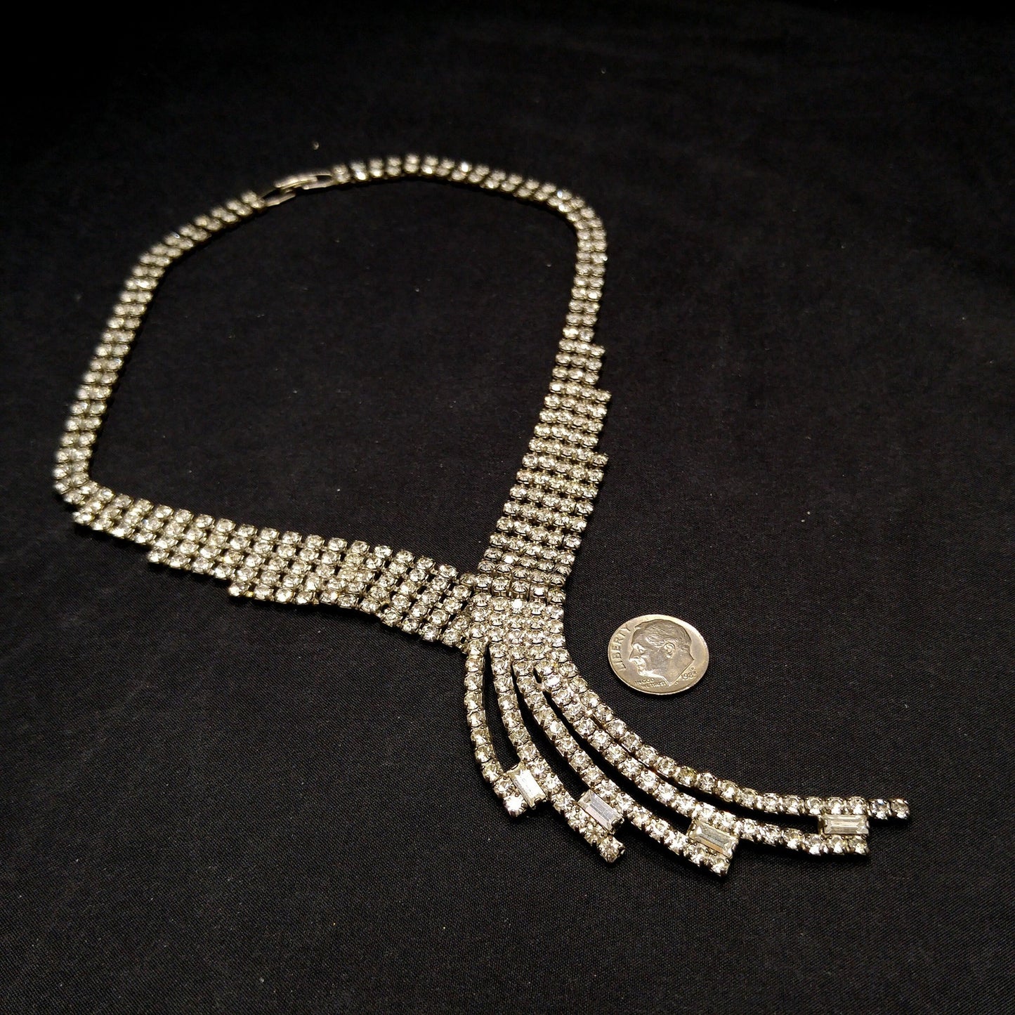 Vintage 1950s Rhinestone Statement Necklace – Five Strand Fringe Drop – Clear Crystal Bridal Jewelry
