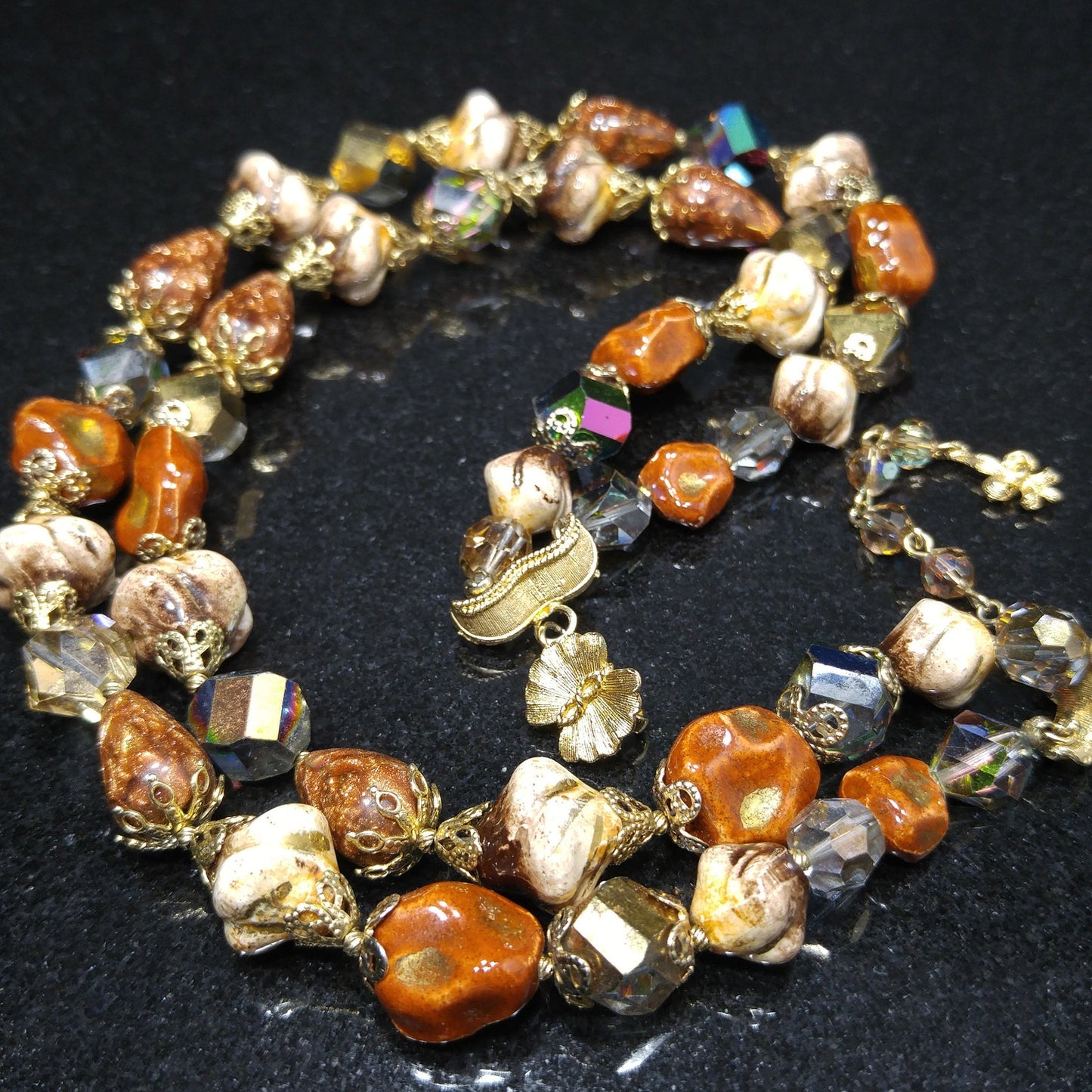 Vendome Two Strand Beaded Necklace, Crystals & Art Glass, 1950s Vintage Jewelry