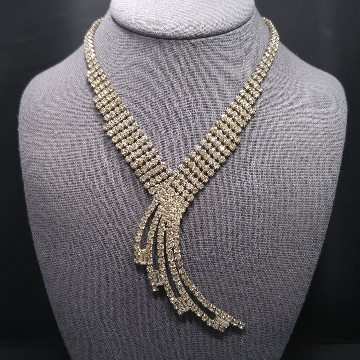 Vintage 1950s Rhinestone Statement Necklace – Five Strand Fringe Drop – Clear Crystal Bridal Jewelry