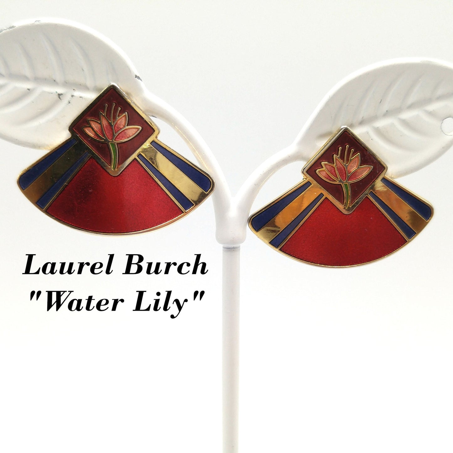 Vintage Laurel Burch "Water Lily" Post Earrings, Gold Plated, Enamel Red Purple