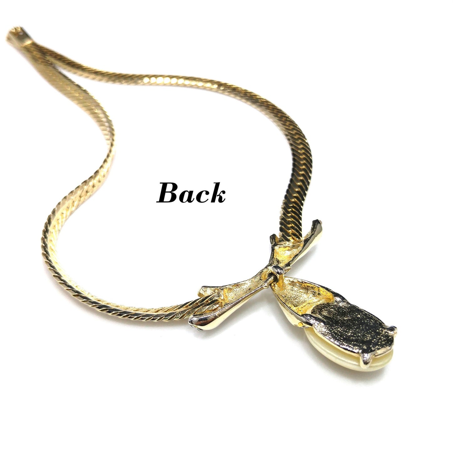 White Pearled Cabochon Pendant Necklace, Gold Plated Chain, 1980s Vintage Jewelry