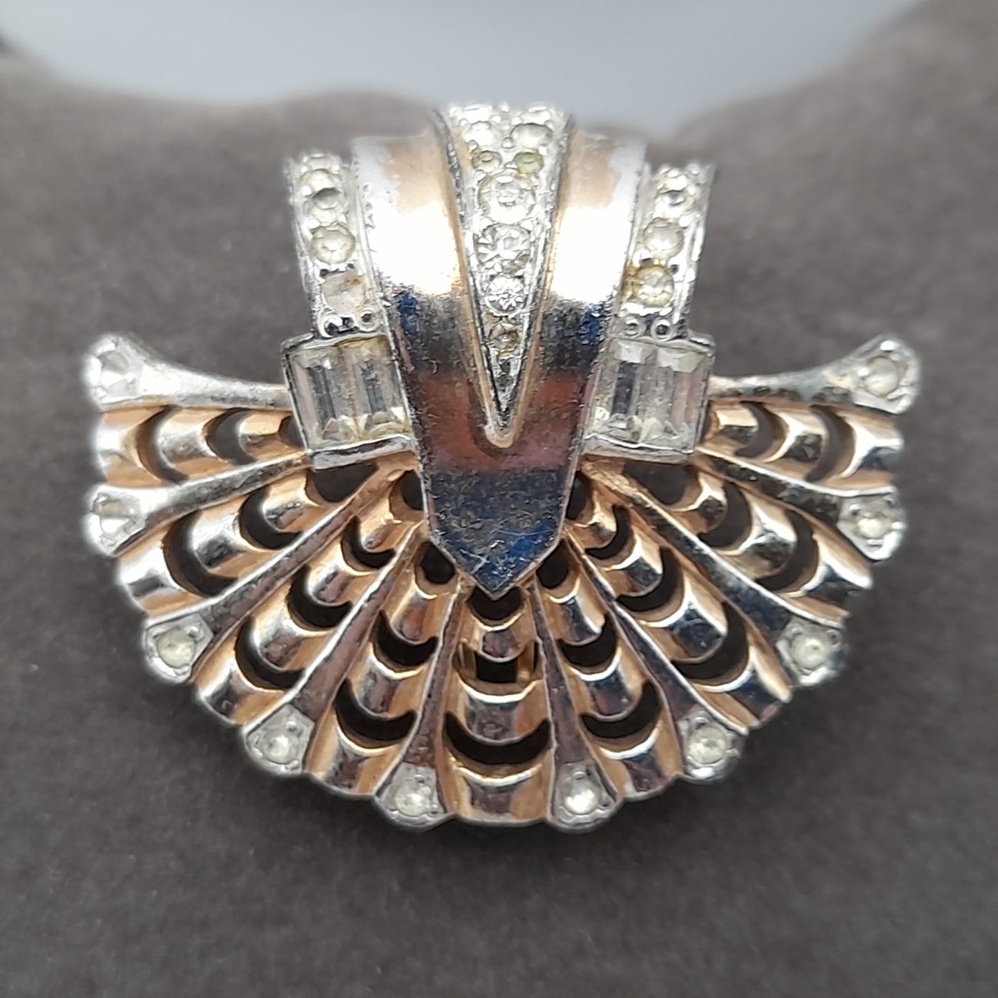 Vintage Marcel Boucher Numbered Fur Clip – Art Deco Fan Design with Rhinestones, Gold & Rhodium Plated Collectible Jewelry