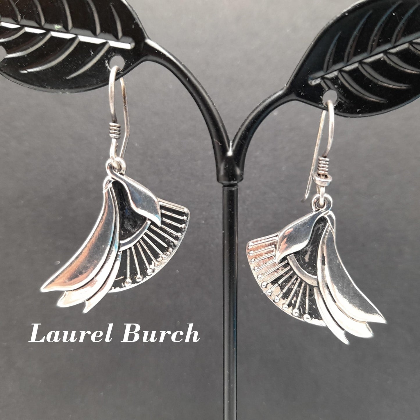 Vintage Laurel Burch Floral Drop Earrings, Rhodium Plated Flowers