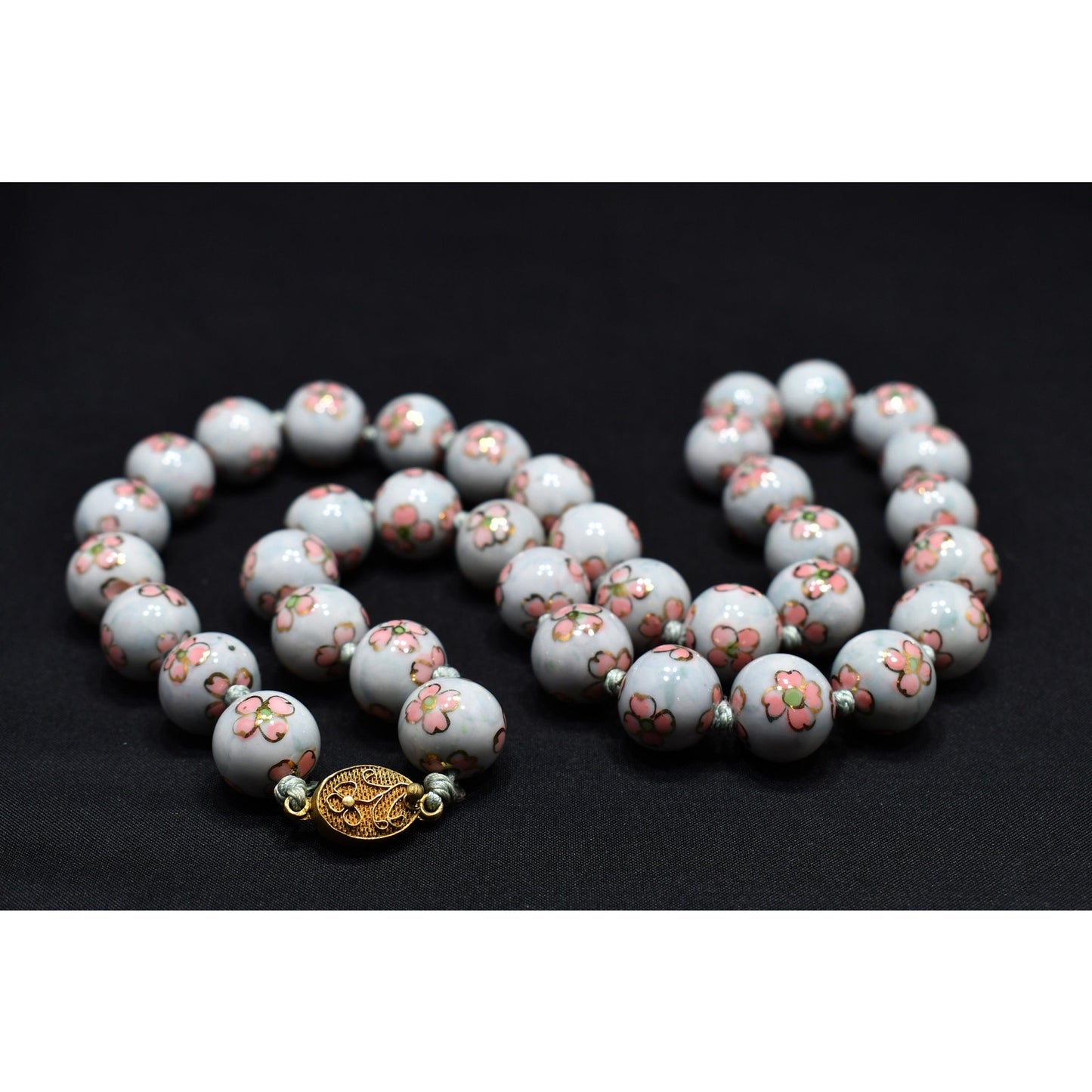 Vintage Chinese Hand Knotted Beaded Necklace, Hand Painted Pink Flowers