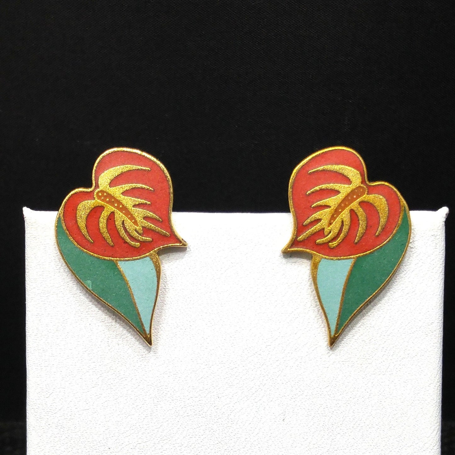 Vintage Laurel Burch "Anthurium" Post Earrings, Red Flower Enamel