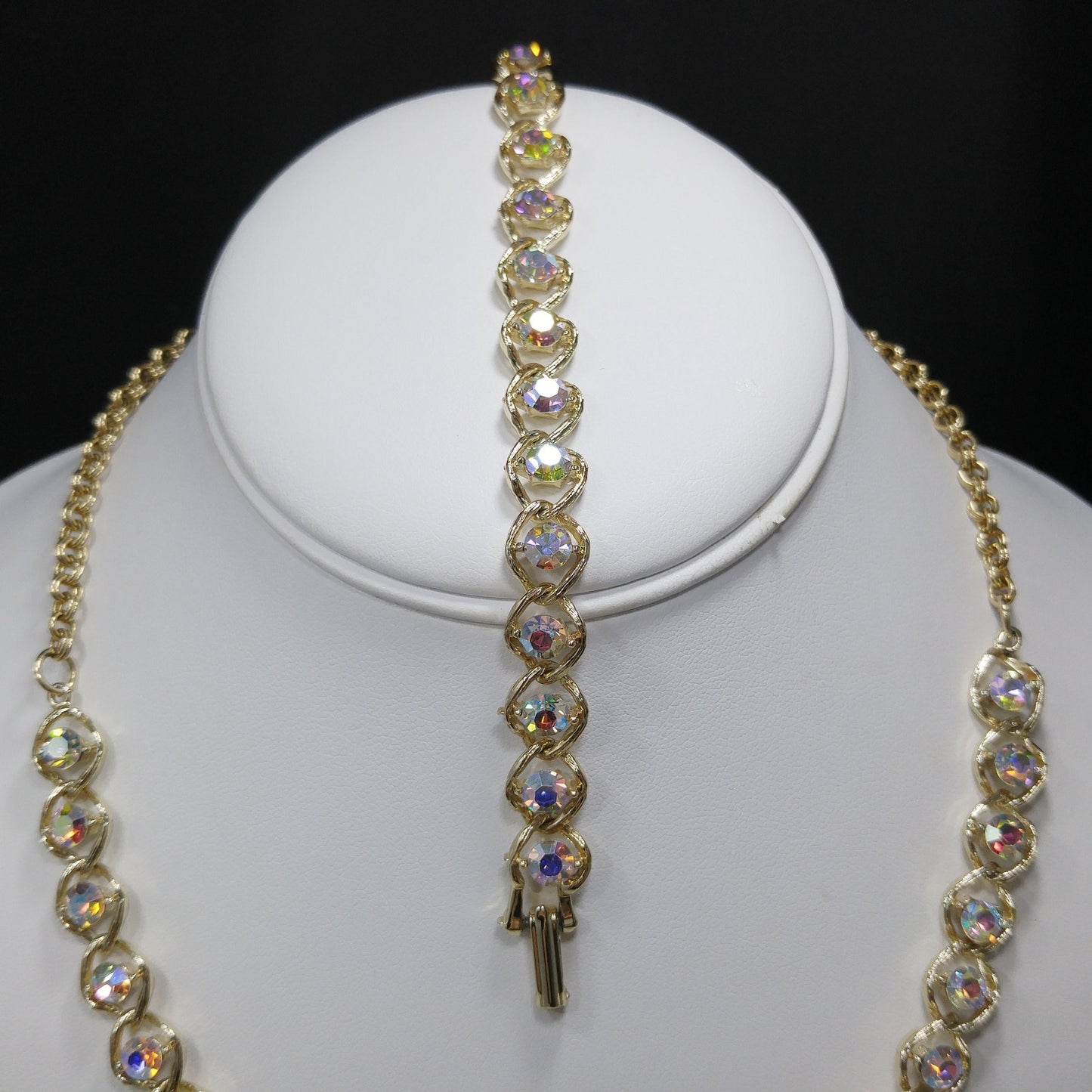 Aurora Borealis Rhinestone Necklace Bracelet & Earrings, Gold Plated, 1960s Vintage Jewelry